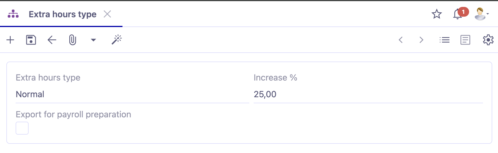 1.1. Configure the types of overtime beforehand. Access : HR → Extra hours → Extra hours types.