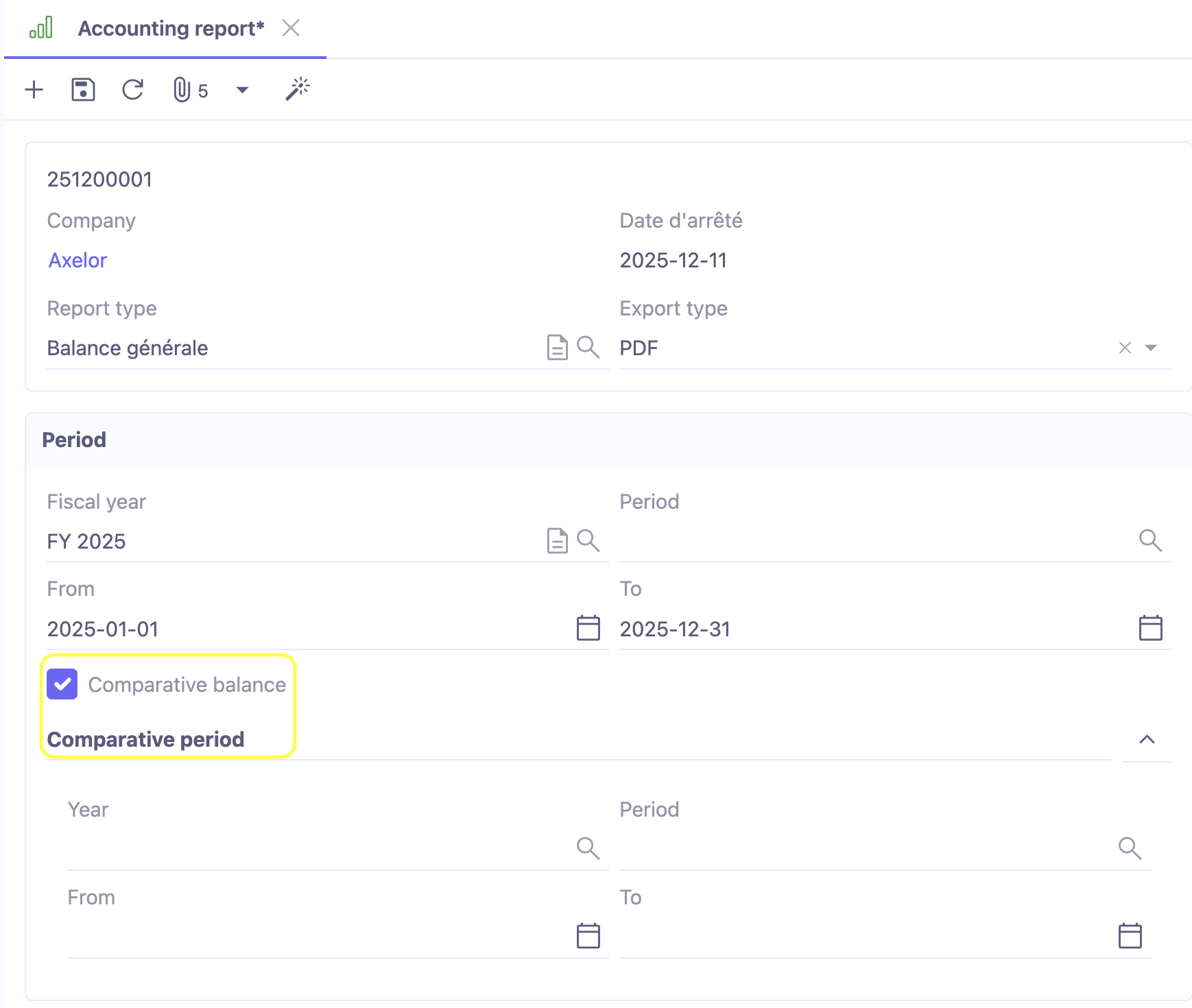 1.1. In the General Balance (Ledger), you can activate the “Comparative balance” option. The comparative balance allows you to compare one year to another. It will make appear Comparative period fields.