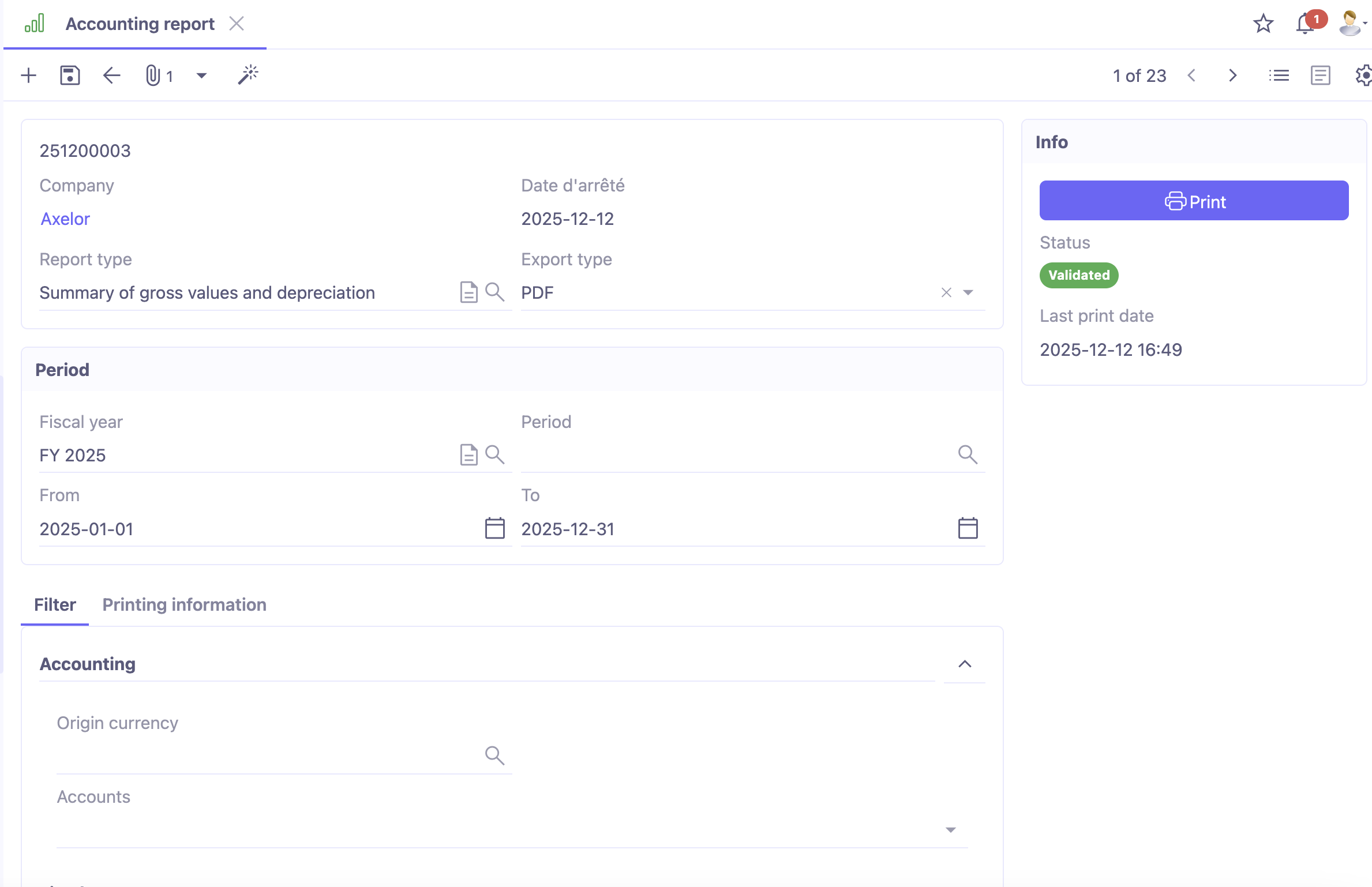 1.1. Access : Accounting → Exports/Accounting reports → Accounting reports.