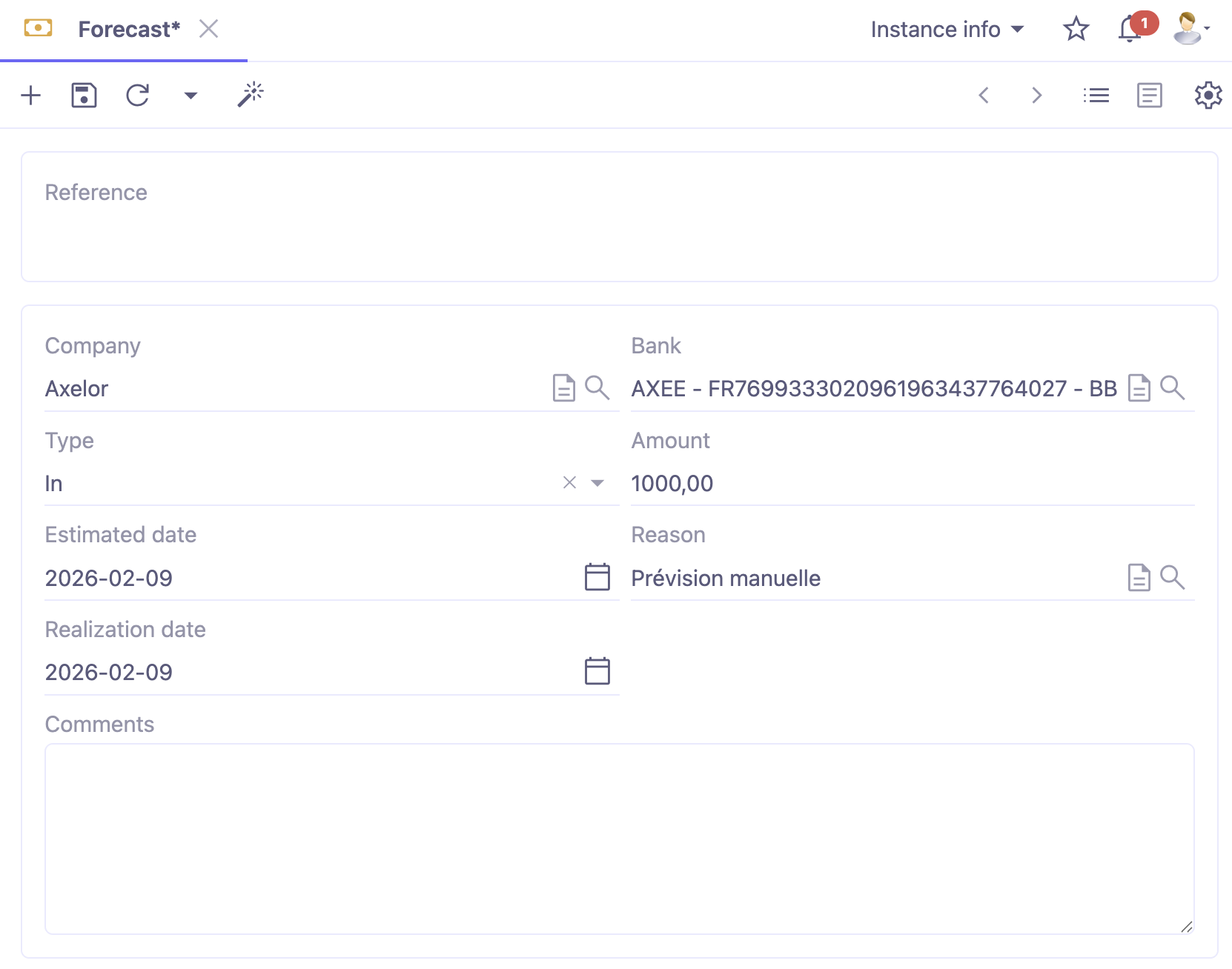 1.1. Access : Cash management → Configuration → Manual Forecasts.