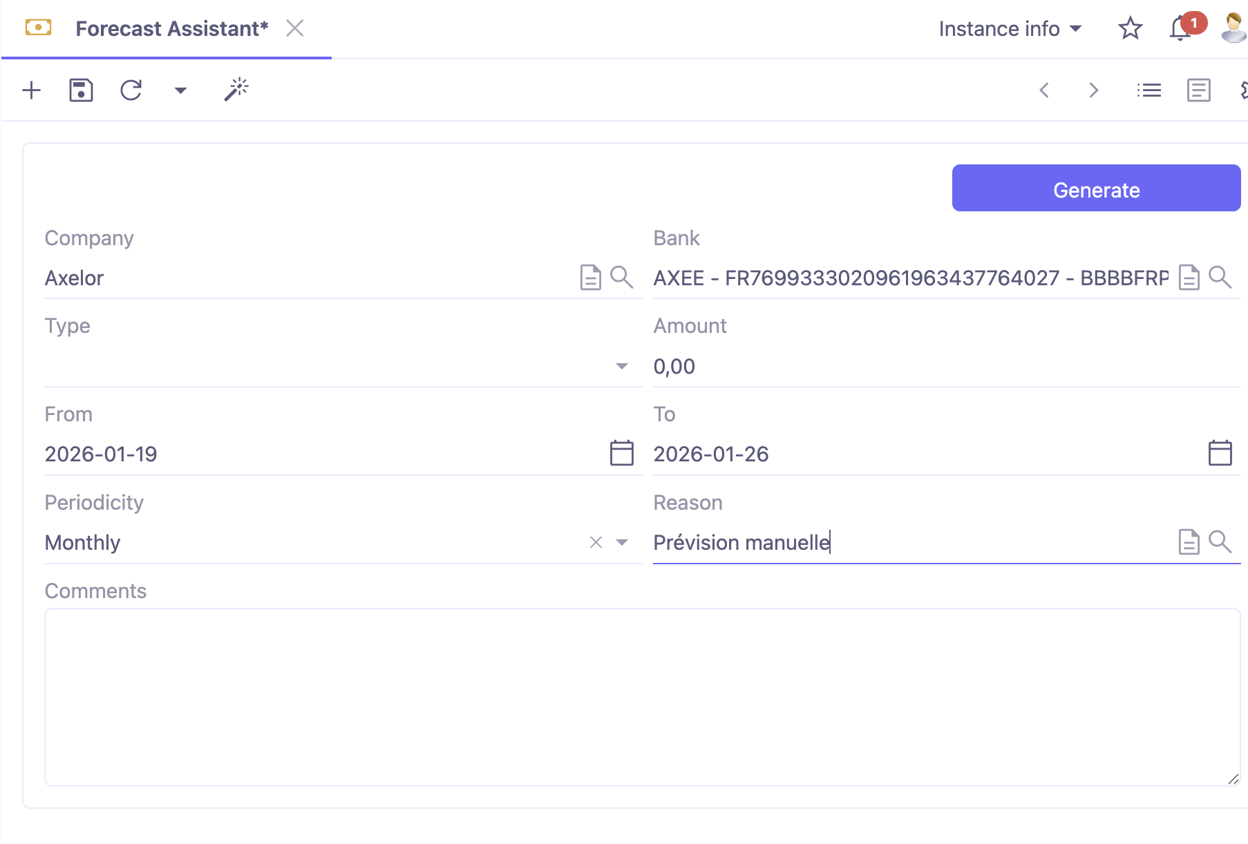 1.1. Access : Cash management → Configuration → Forecasts assistants.