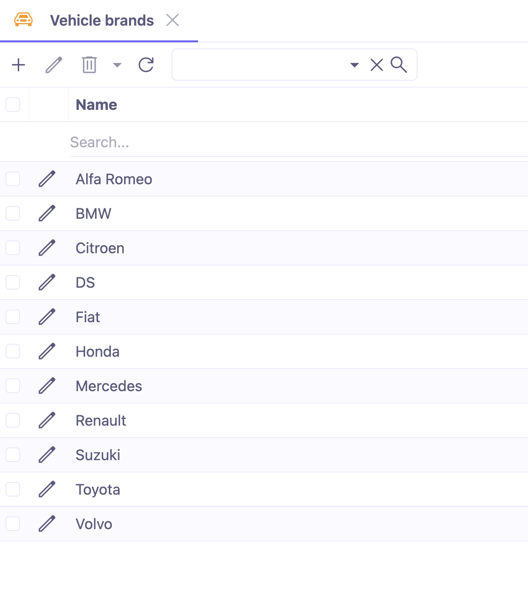 1.1. Access : Fleet → Configuration → Recurring costs / Vehicle brands etc. On the image : Vehicle brands menu.