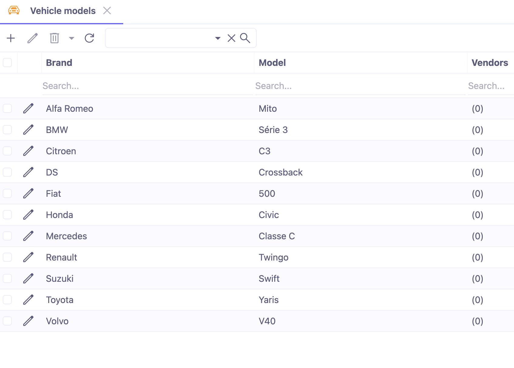 1.1. Access : Fleet → Vehicle models. A vehicle model consists of a make and a model name. For each vehicle model, add the supplier of the vehicle.