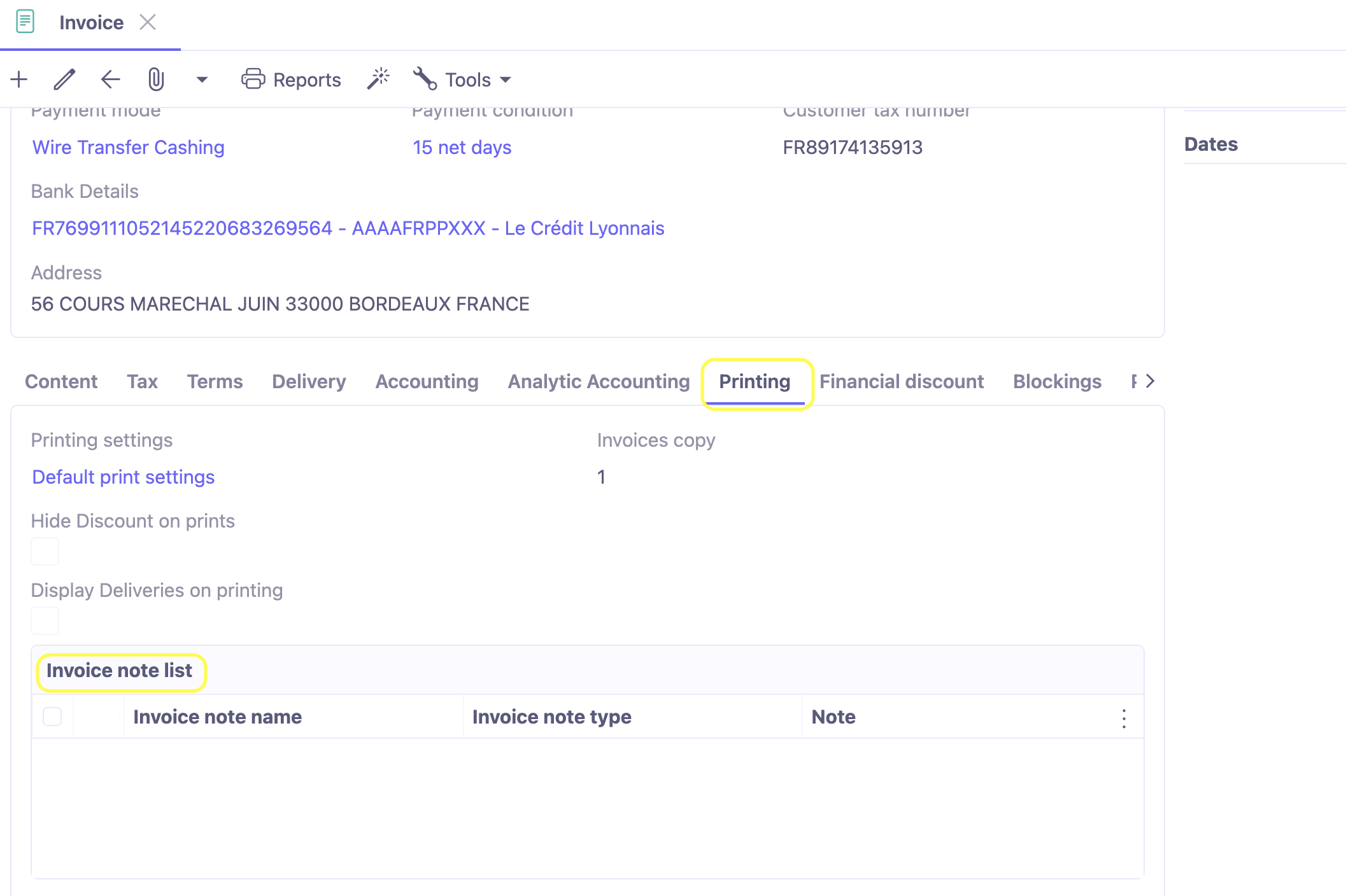 1.1. Access : Invoicing → Customer invoice. In the image : onglet Impressions et le tableau “Liste des notes de facture”.