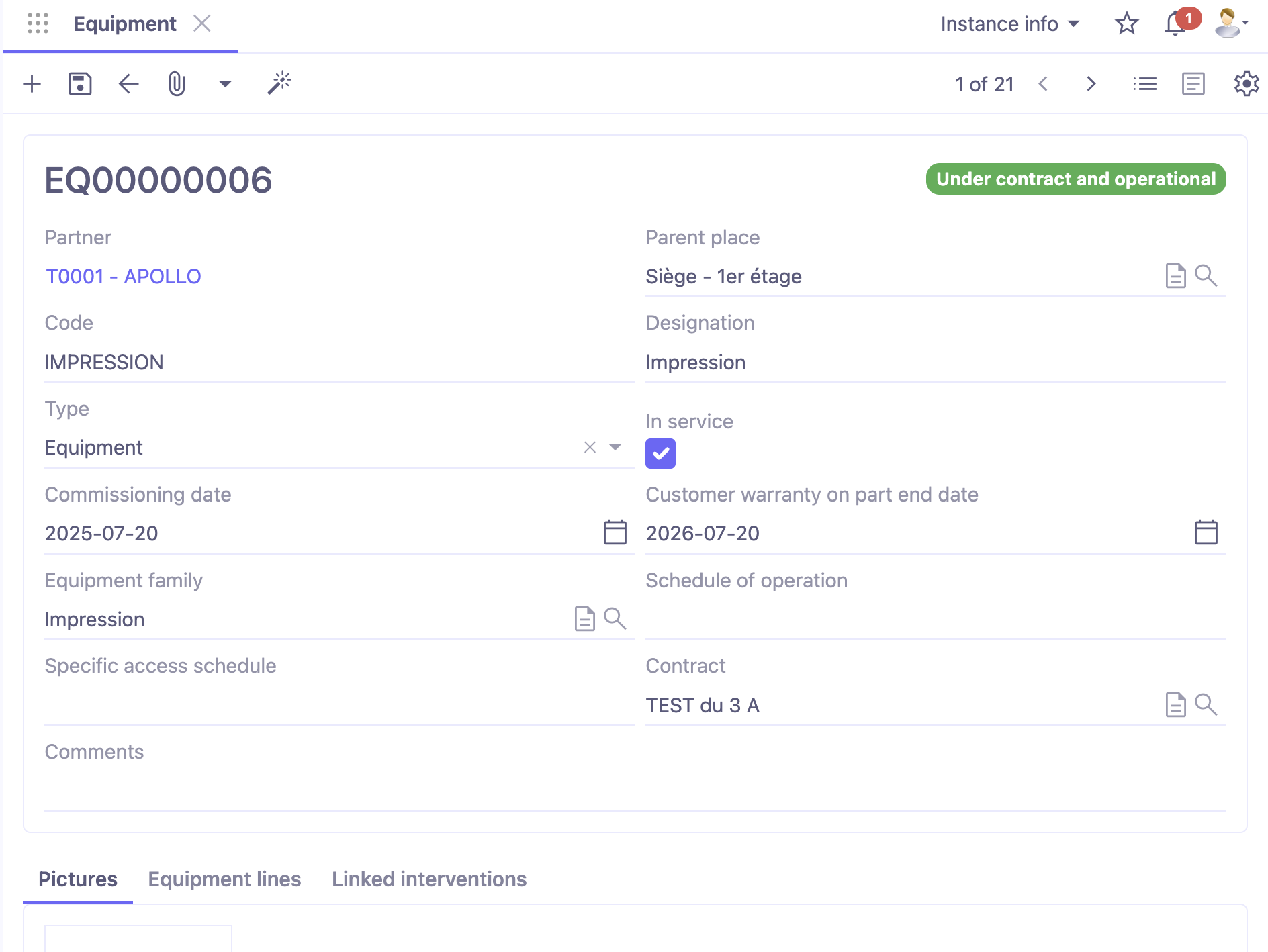 1.1. Access : Assets management → Equipments