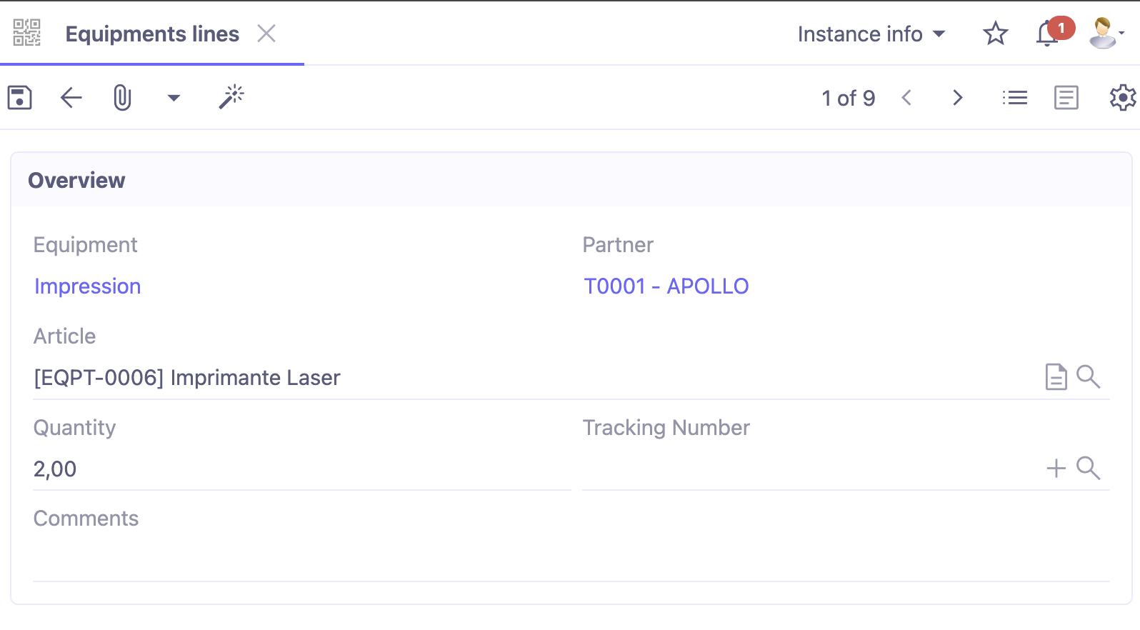 1.1. Access : Assets management → Equipment lines