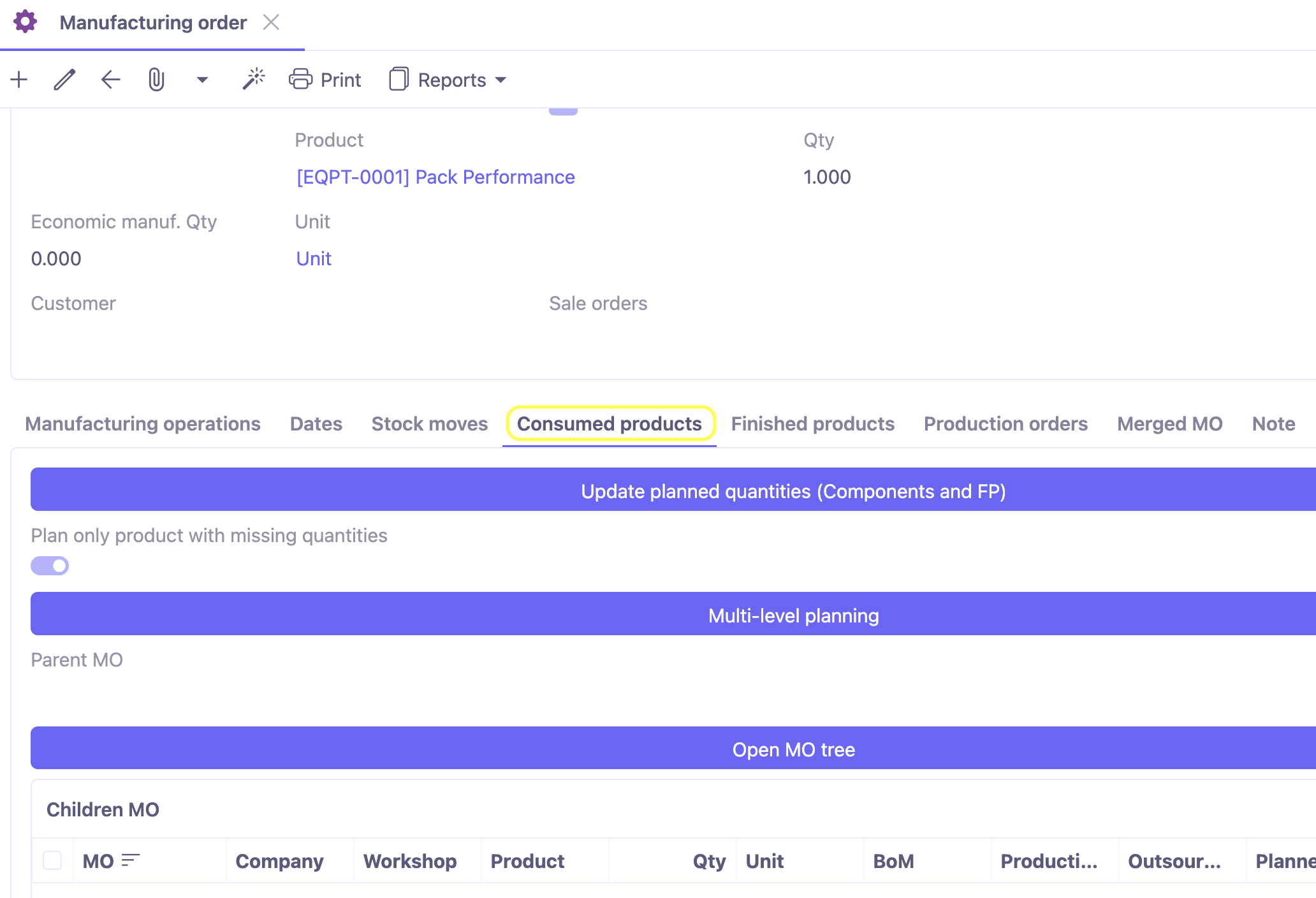 1.1. Consumed products tab in the Manufacturing order.