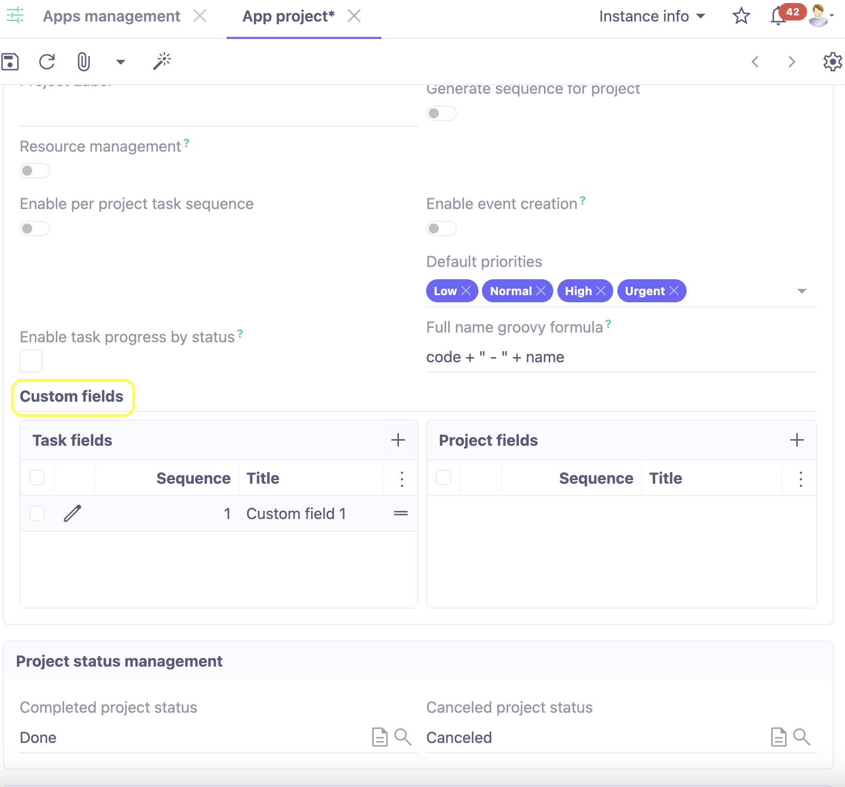 1.1. Access : Application config → Apps management → Project, configure. Custom fields: two new tables allow you to configure custom fields, either for tasks or projects.