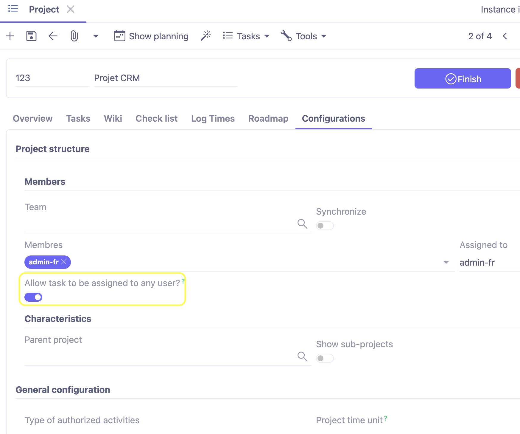 1.1. Access : Project Management → Projects → Projects. Open the Configurations tab in the Project file and enable the option Allow task to be assigned to any user.