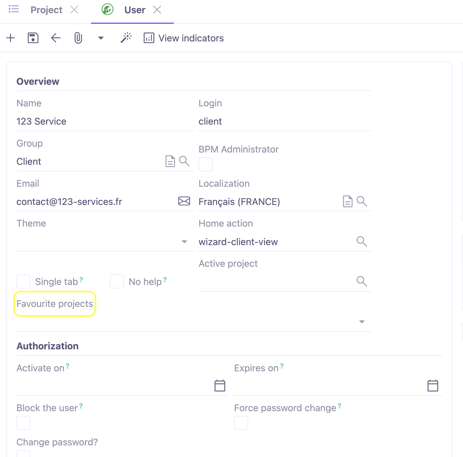 1.1. A new field has been added to the Users file: “Favorite projects.”. Add a favorite project in the new field.
