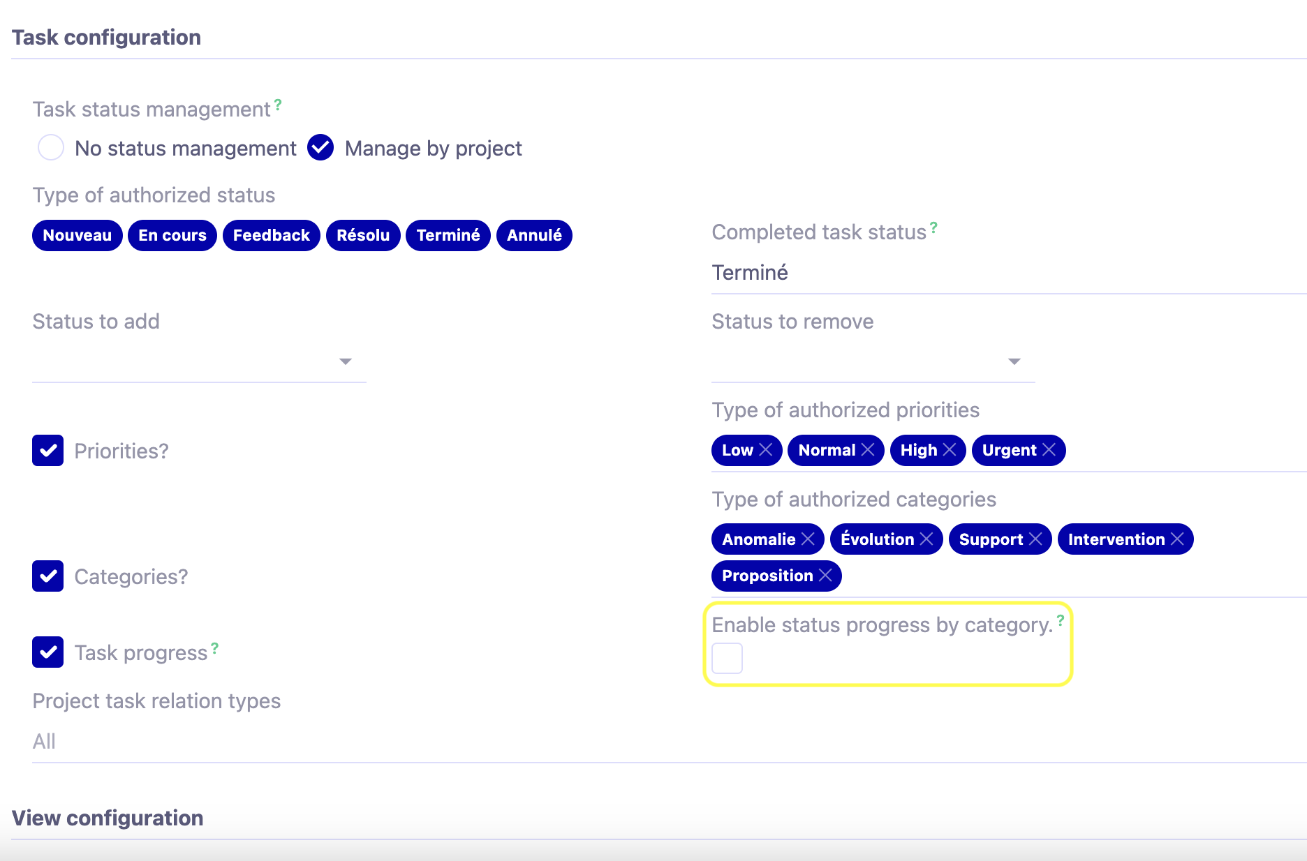 1.1. Access: Project management → Projects → Configuration tab, activate the ‘Enable automatic task progress by category’ option.