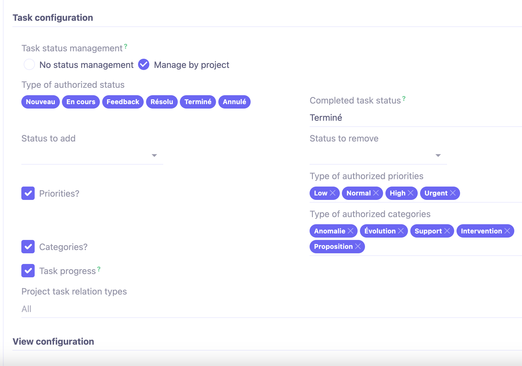1.1. In a project file, in the Configurations tab, find ‘Task configuration’ panel. There, several task status configurations are possible : no status management / manage by category / manage via project.