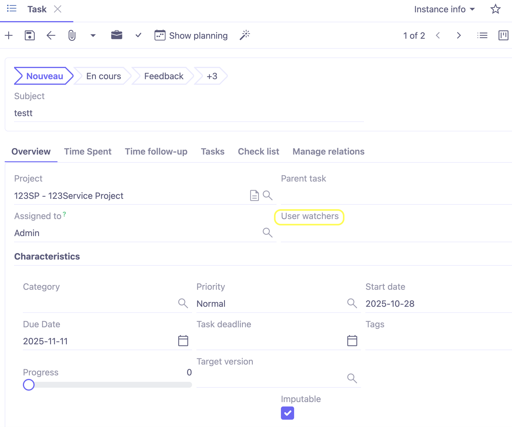 1.1. Starting with version 8.5, it is now possible to add users watchers in the corresponding field (Overview tab). This option allows all observer users to receive notifications when a change is made.