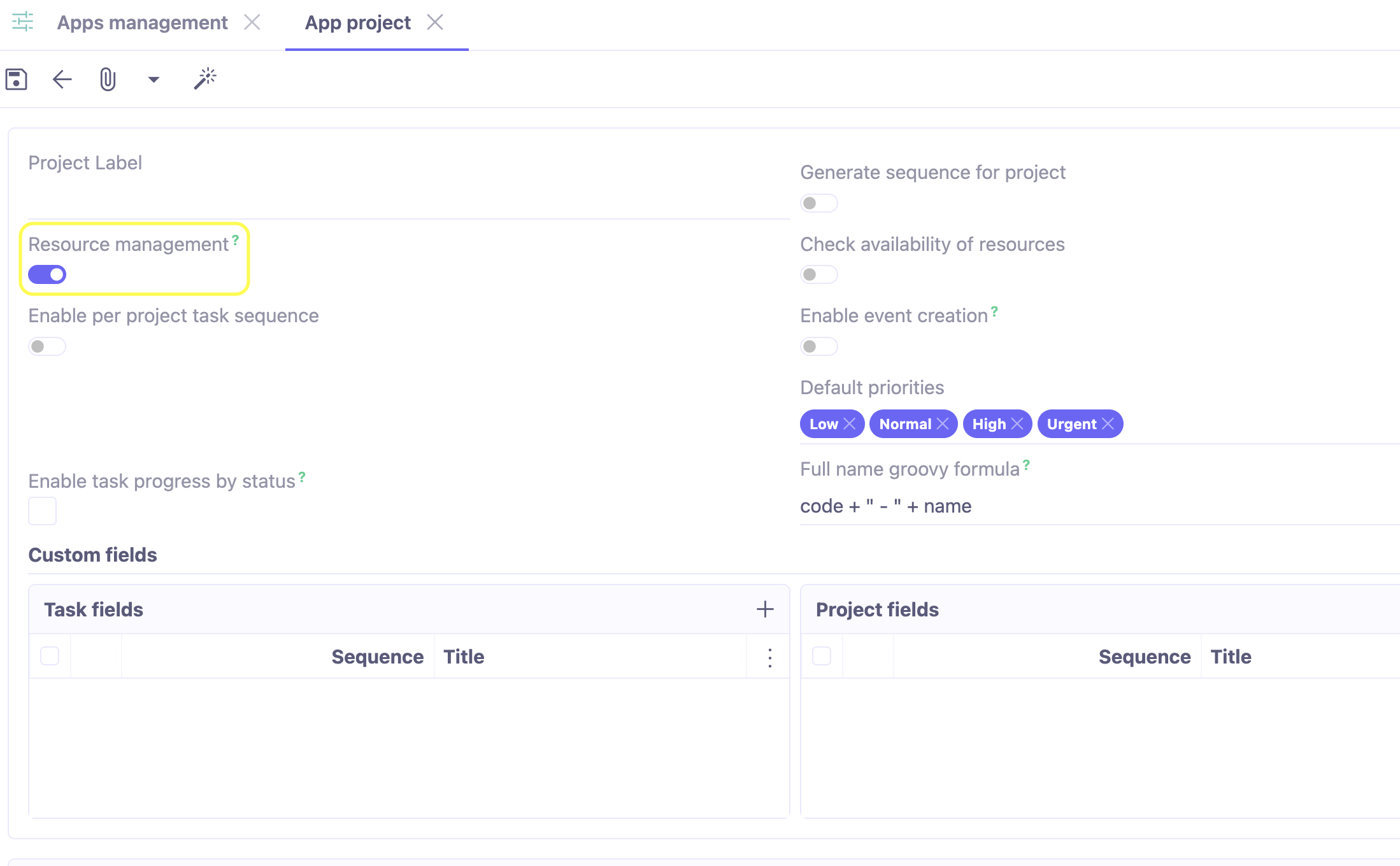 1.1. Access: Application config → Apps management → Project → activate the Resource management option → save the changes and refresh the browser. Menus such as Resource types and Resources bookings will appear afterwards.