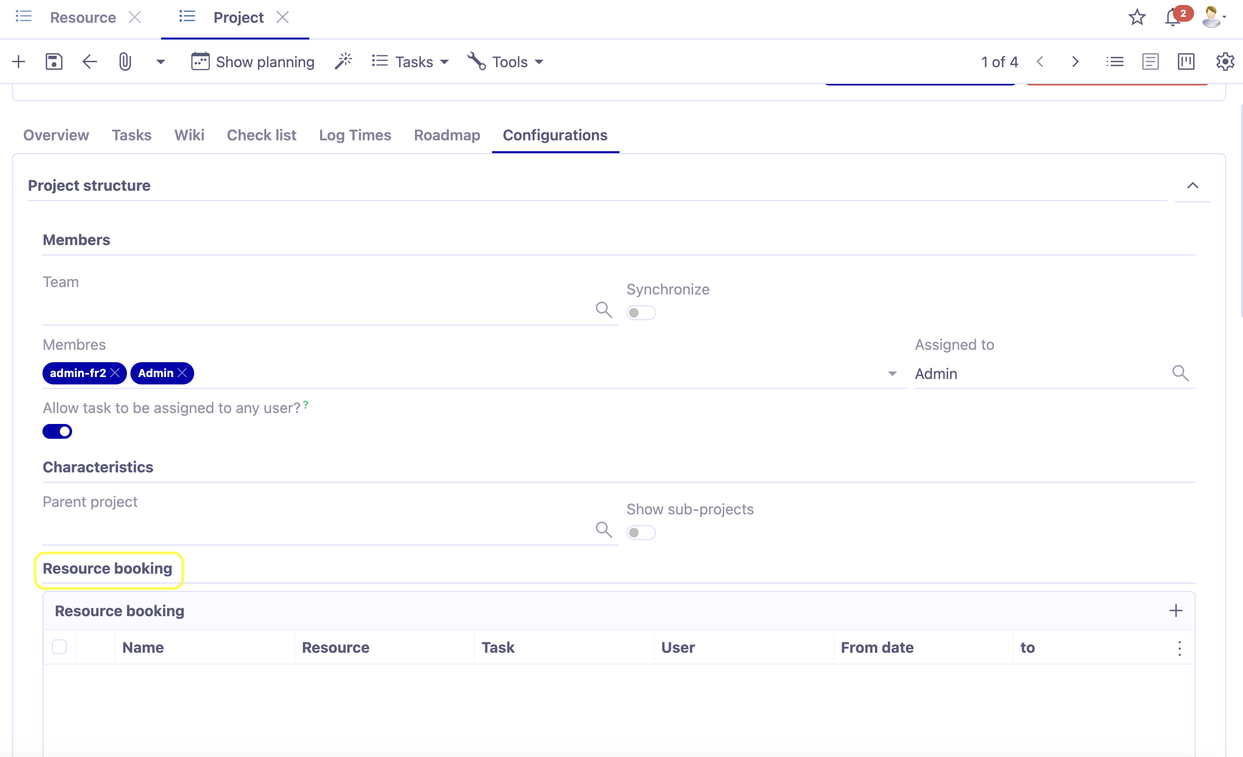 1.1. Access : Project Management → Projects → Project. Resource booking : on the project form, click on the Configurations tab. There, you will find the Resource booking table. Here, book a resource for a project.