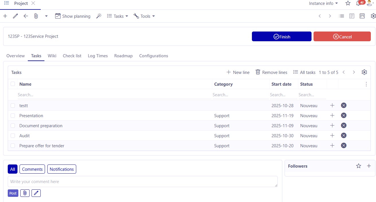 1.1. Access : Project management → Project → +. Open a Tasks tab and add a new line in order to add a new task