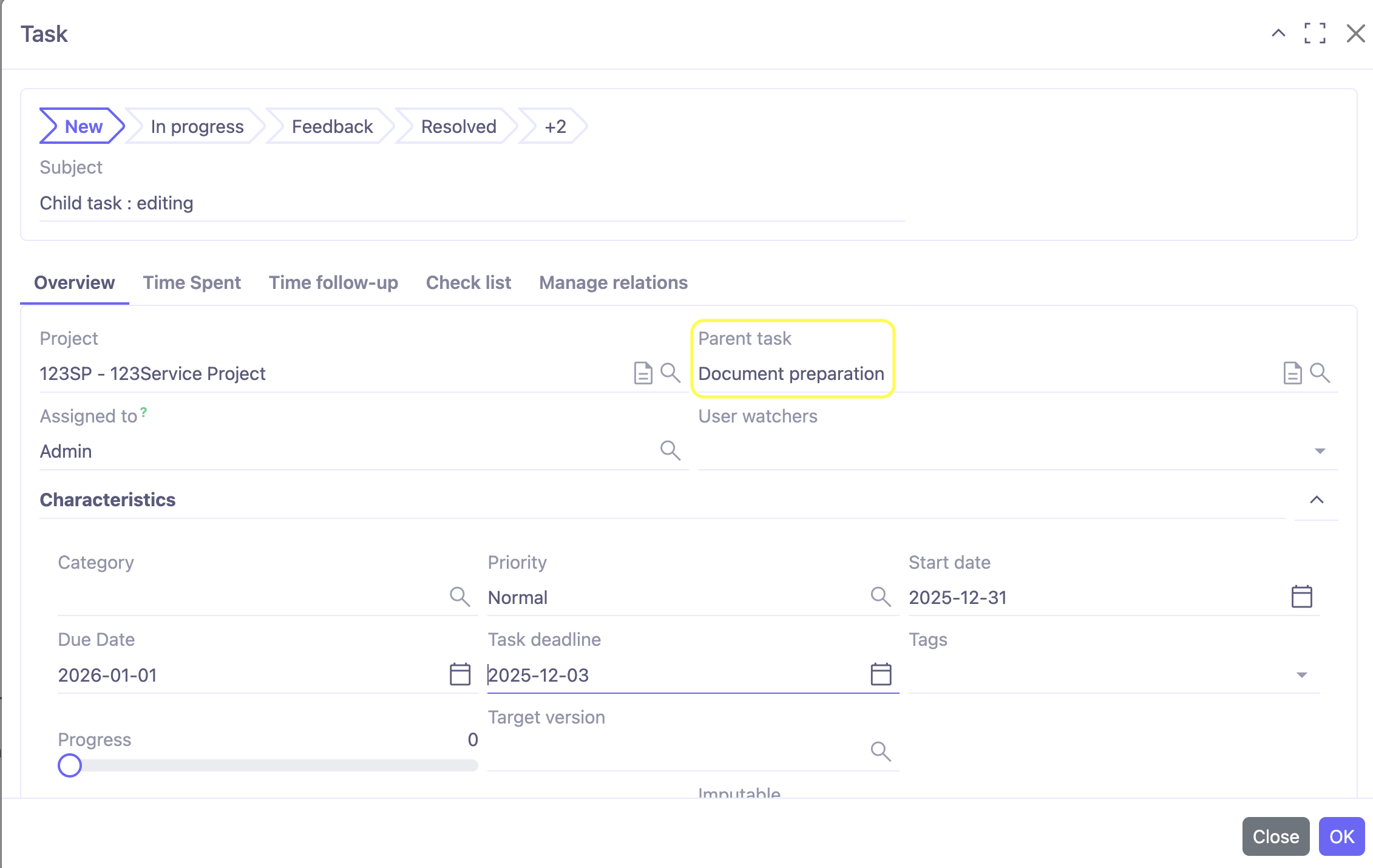1.1. Open the Tasks tab in a project file. Add a new task that will become child task in Tasks table. When configuring the child task, select a parent task.