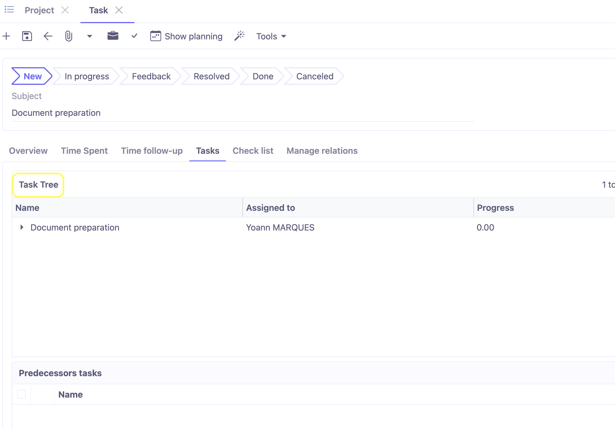 1.1. While in a project file (Editing mode), in the Tasks tab, click on a child task. Then, open the Tasks tab. There, you will find the Task Tree table.