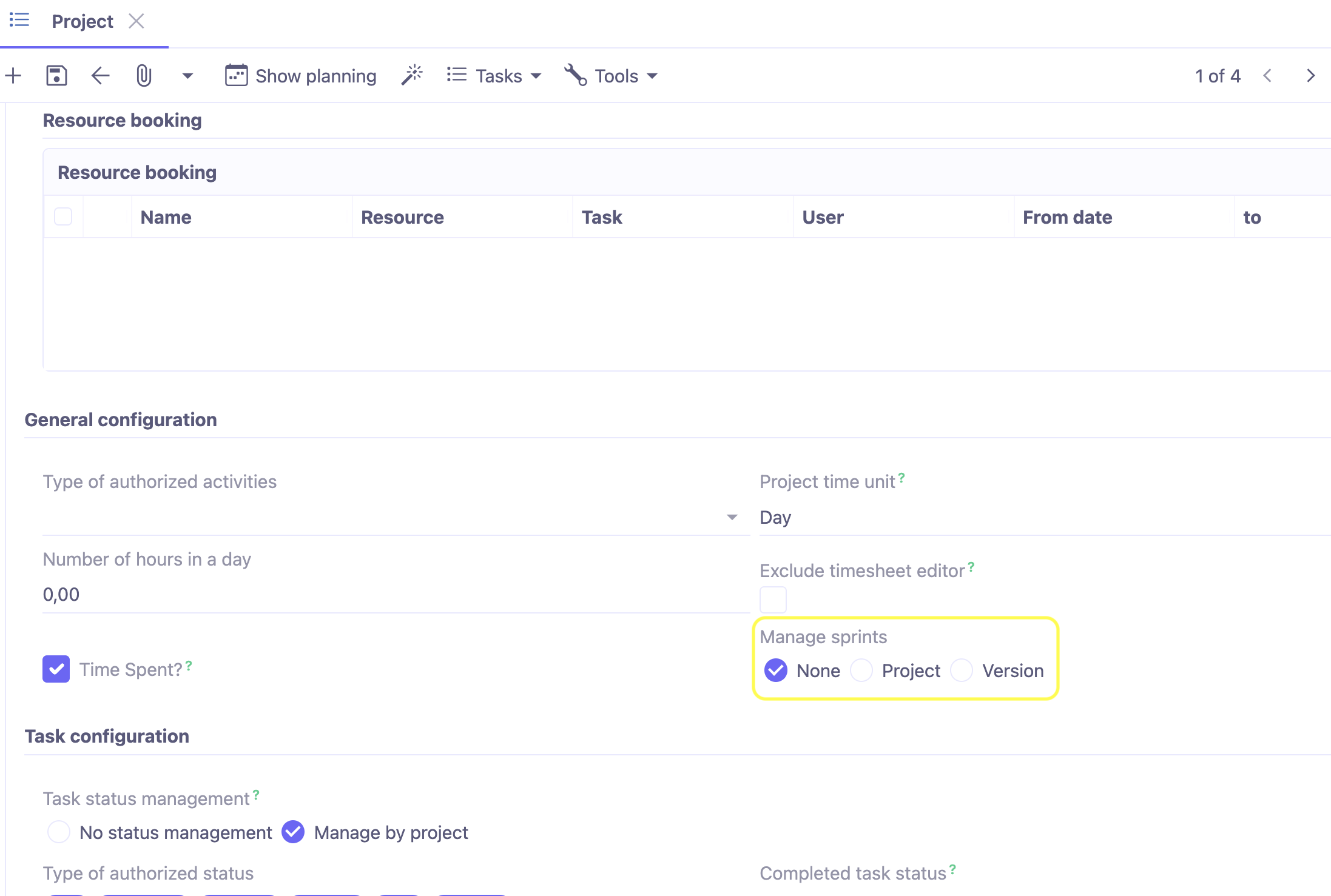 1.1. Access : Project Management → open the project file → click on the Configurations tab → in the General Configuration section, activate sprints by Version.