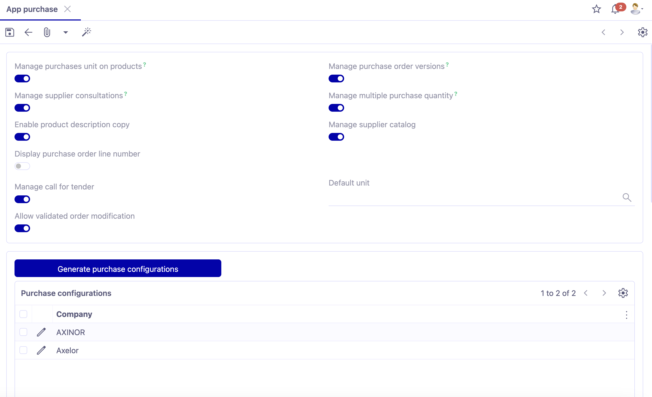 1.1. Access : Application config → Apps management → Purchase, configure.