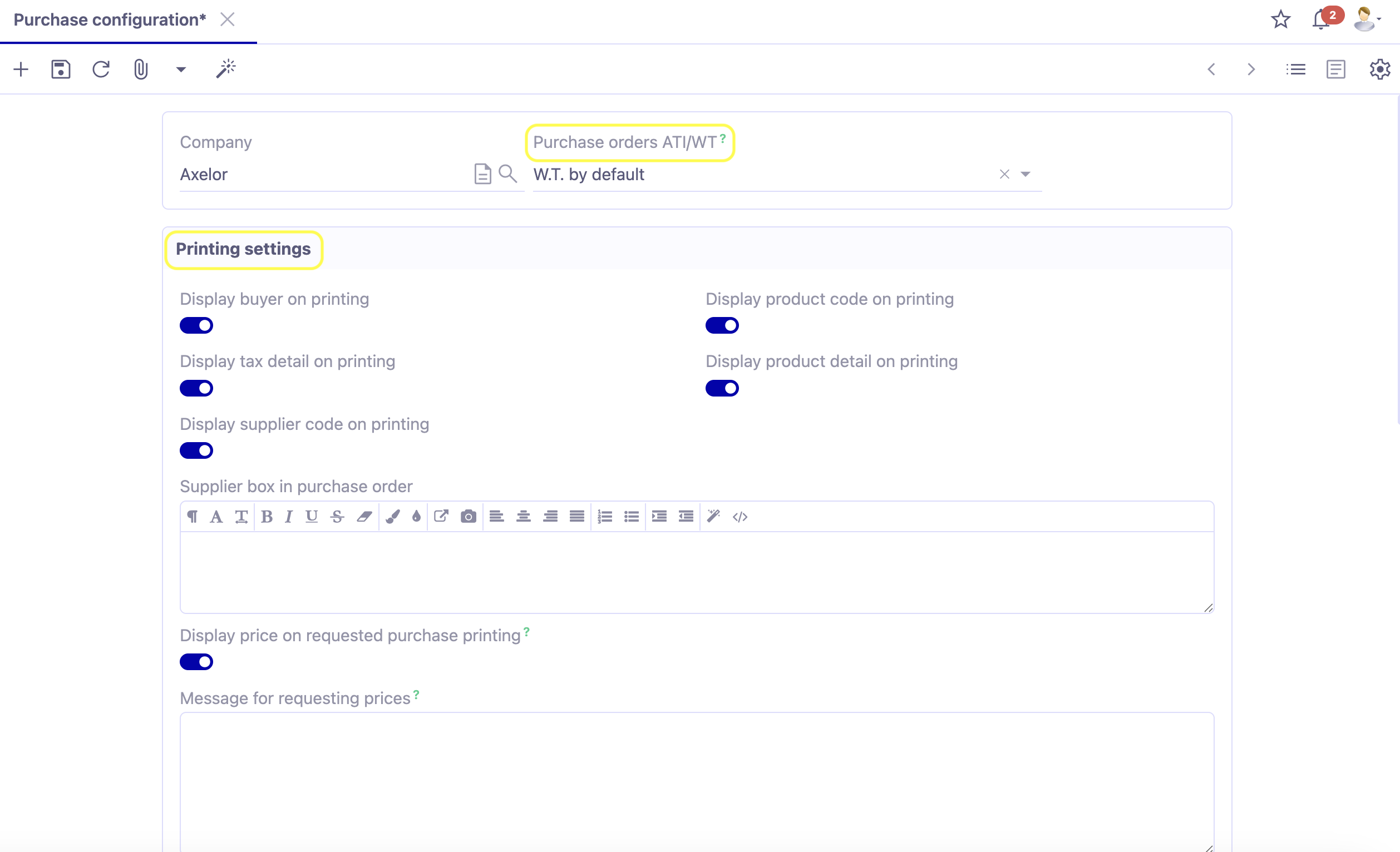 1.1. Configure certain purchases module settings by company. Access: Application config → Apps management → Purchase, configure → click on the company sheet at the bottom of the page to access company-specific configurations. In the image : Purchase orders ATI WT and Printing settings.