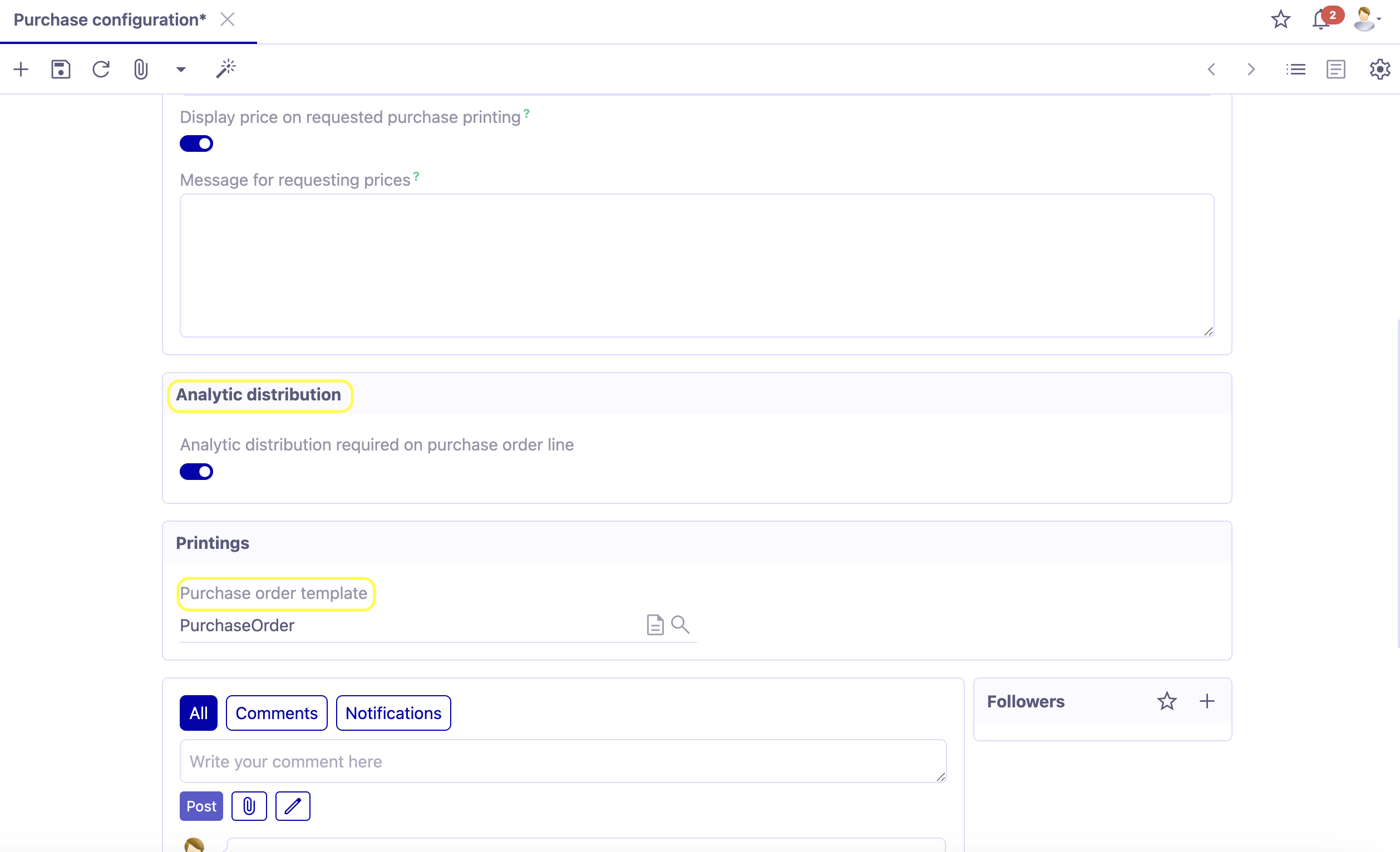 1.2. Configure certain purchases module settings by company. Access: Application config → Apps management → Purchase, configure → click on the company sheet at the bottom of the page to access company-specific configurations. In the image : Analytic distribution and Purchase order template.