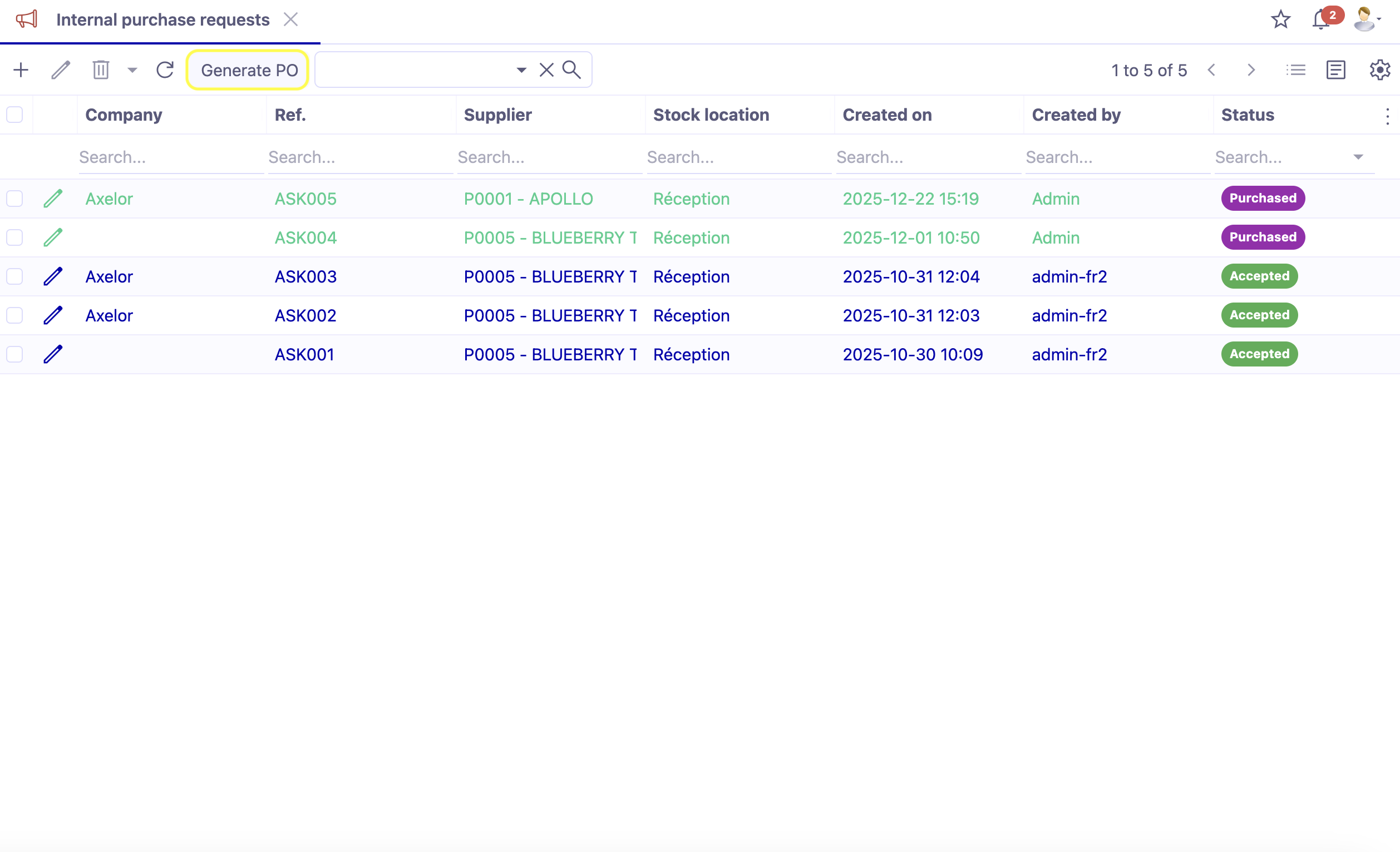 1.1. Access : Purchases → Internal Purchase Requests → click on Generate PO button in the view list in order to generate a supplier quotation.