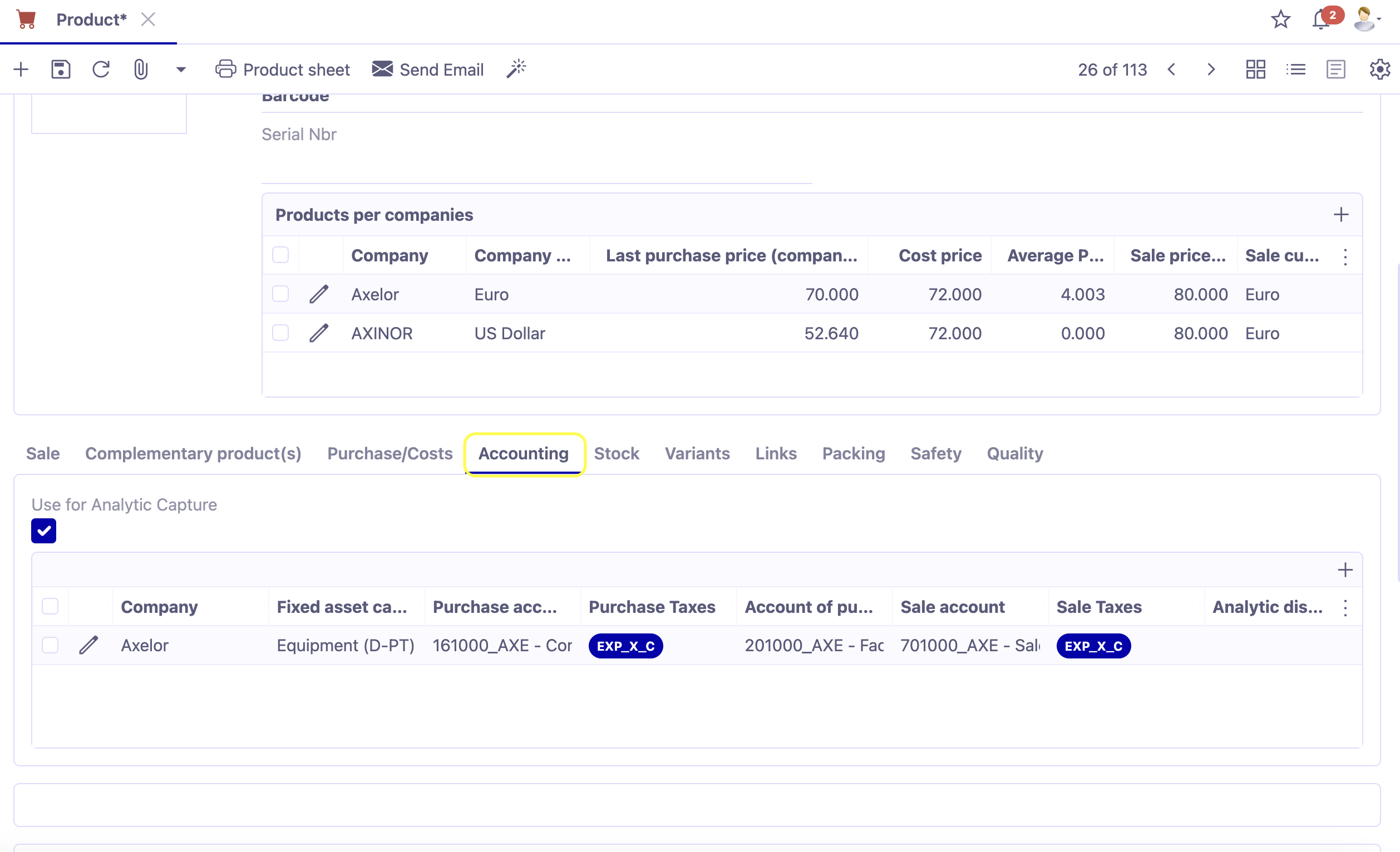 1.1. Product file. Open an accounting tab and fill in the necessary information. However, it is possible to add accounting information directly in the accounting family.