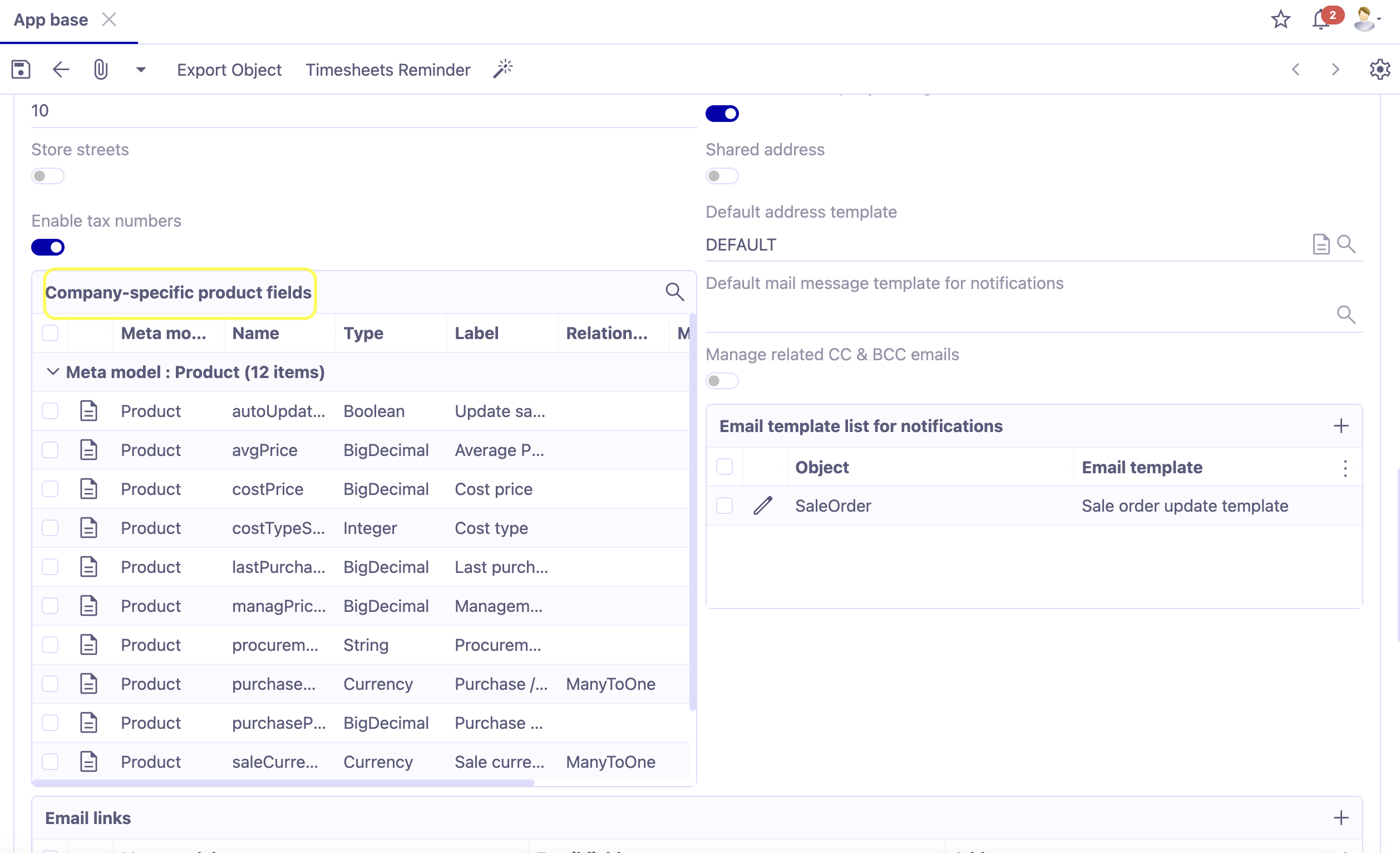 1.1. The product fields that can be overridden, are configurable in the Base application configuration (Configuration tab). Access : Application config → Apps management → Base, configure → configure the product fields to override in the Configuration tab.
