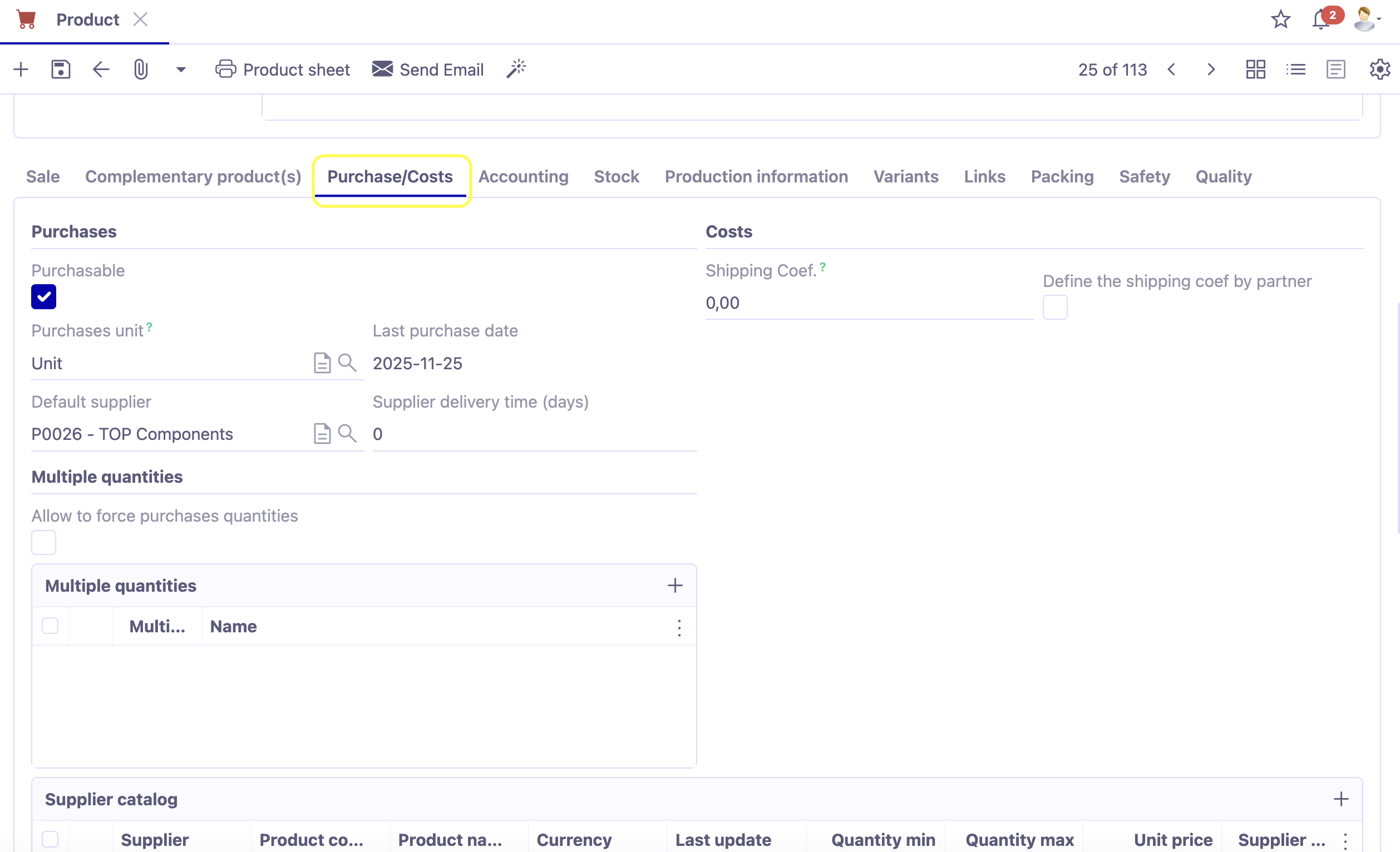 1.1. Configure other settings in the Purchases Costs Tab.