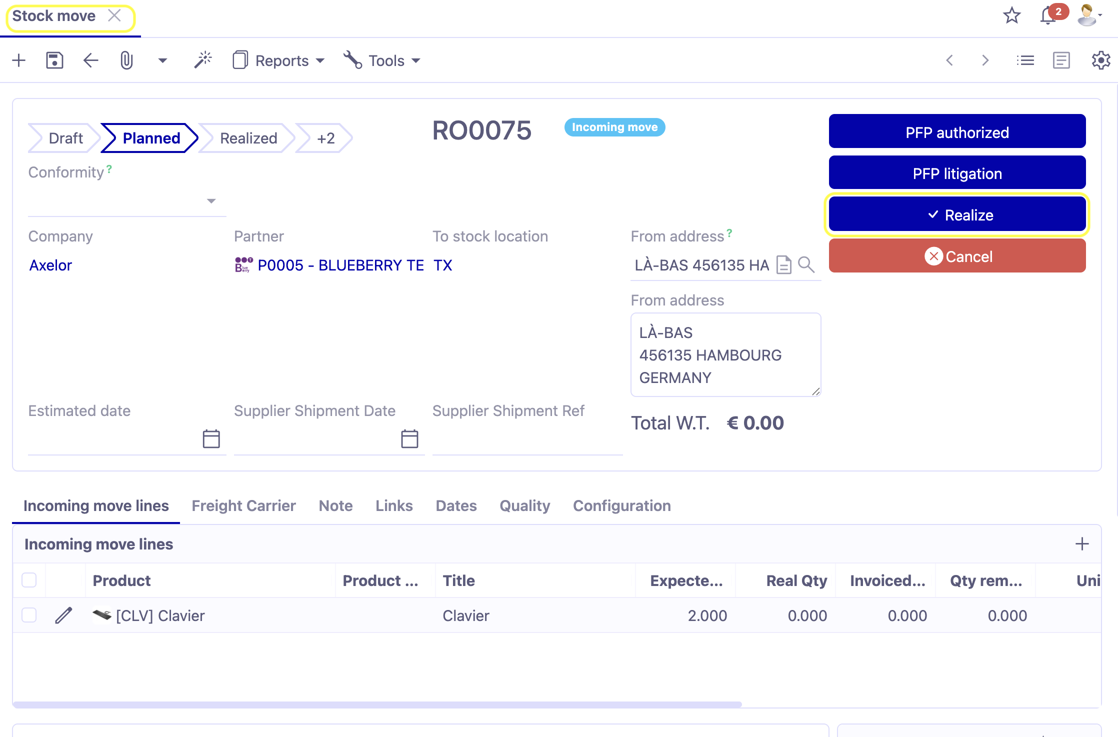 Once you have clicked on the Generate supplier arrival button, a Stock Move page will open. Click the Realize button in order to complete a supplier arrival.