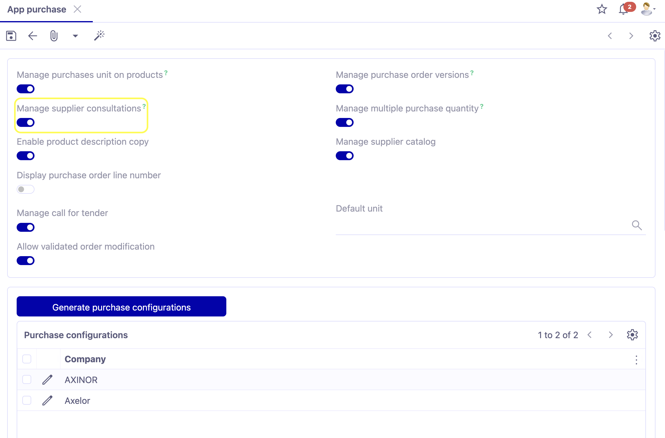 Activate the Manage supplier consultations configuration (**access**: Application Config → Apps Management → Purchase, configure → activate the Manage supplier consultations option). To manage supplier consultations, the product must have several associated suppliers.