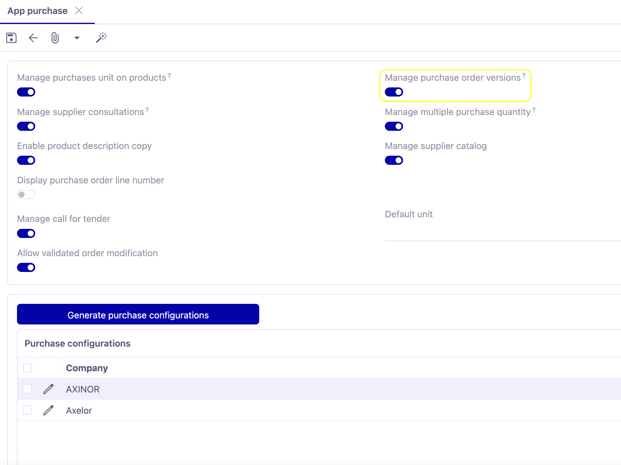 1.1. Activate this configuration beforehand in the Purchases module. Access : Application config → Apps management → Purchases, configure → activate the option “Manage purchase order versions”.