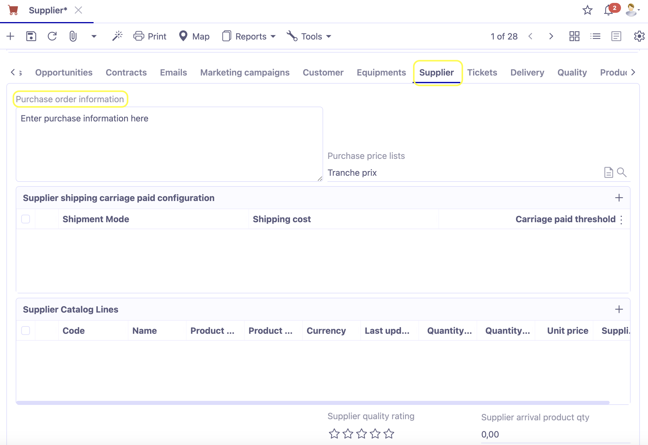 In the Supplier tab of the file, view the supplier's catalog. Enter the products of a catalog from this file or from the Purchases/Costs tab of a product file. You can also import data.
