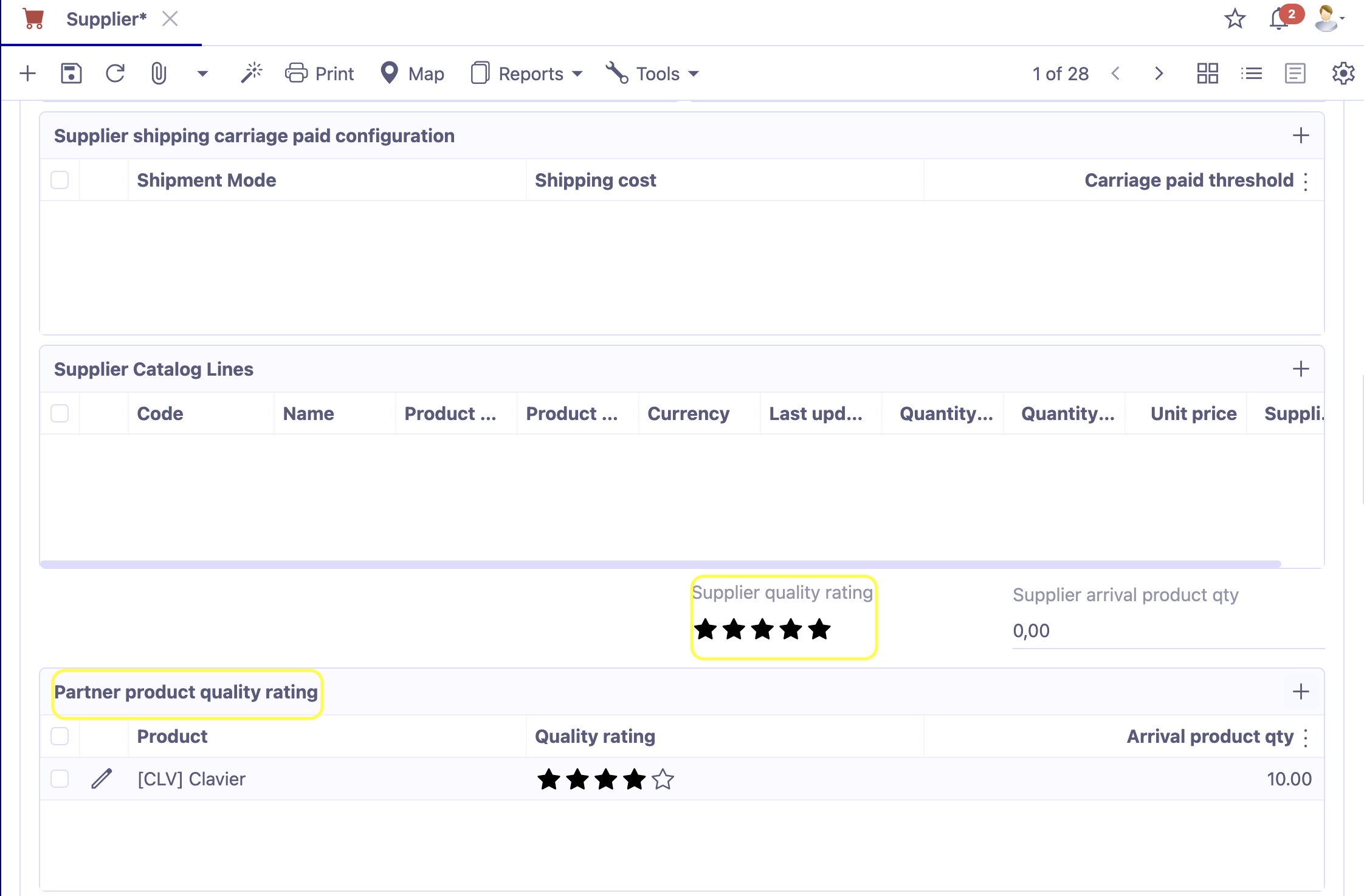 In the Supplier tab of the Partner, you can also view the supplier's quality level. These quality indicators are retrieved from the delivery notes in the Conformity field.