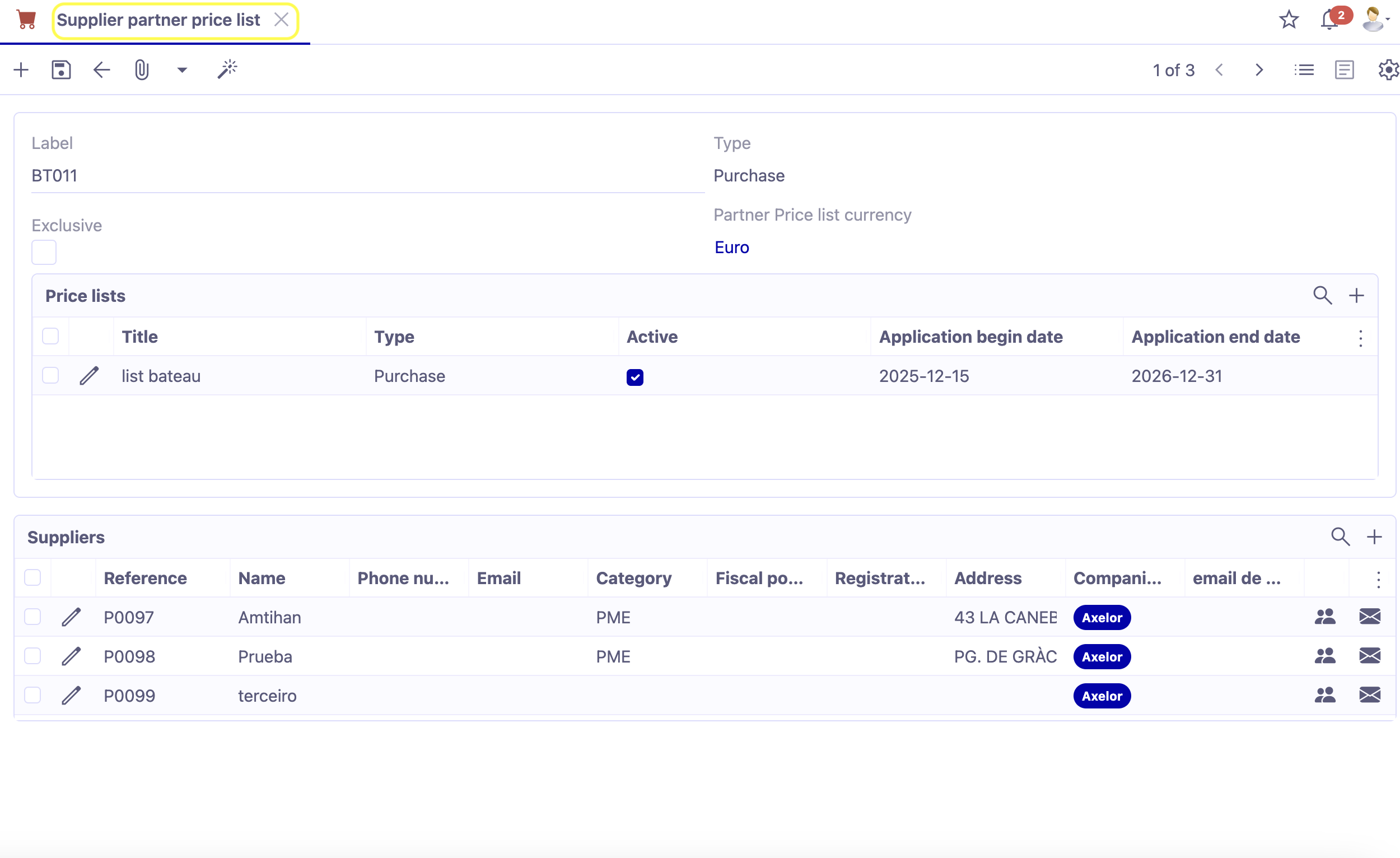 Access : Purchases → Configuration → Supplier partner price lists.