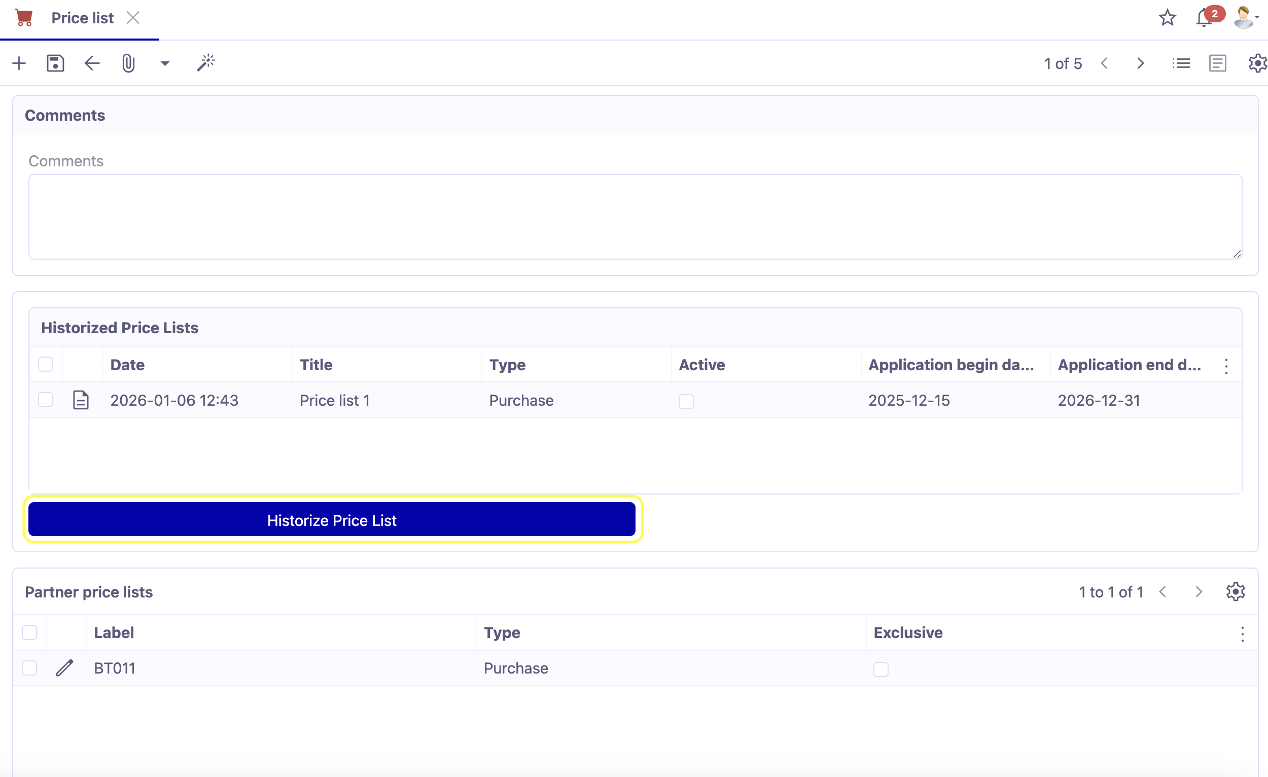 Open a Price list. On the Price list file, click on the Historize price list button (i.e. archive this price list).
