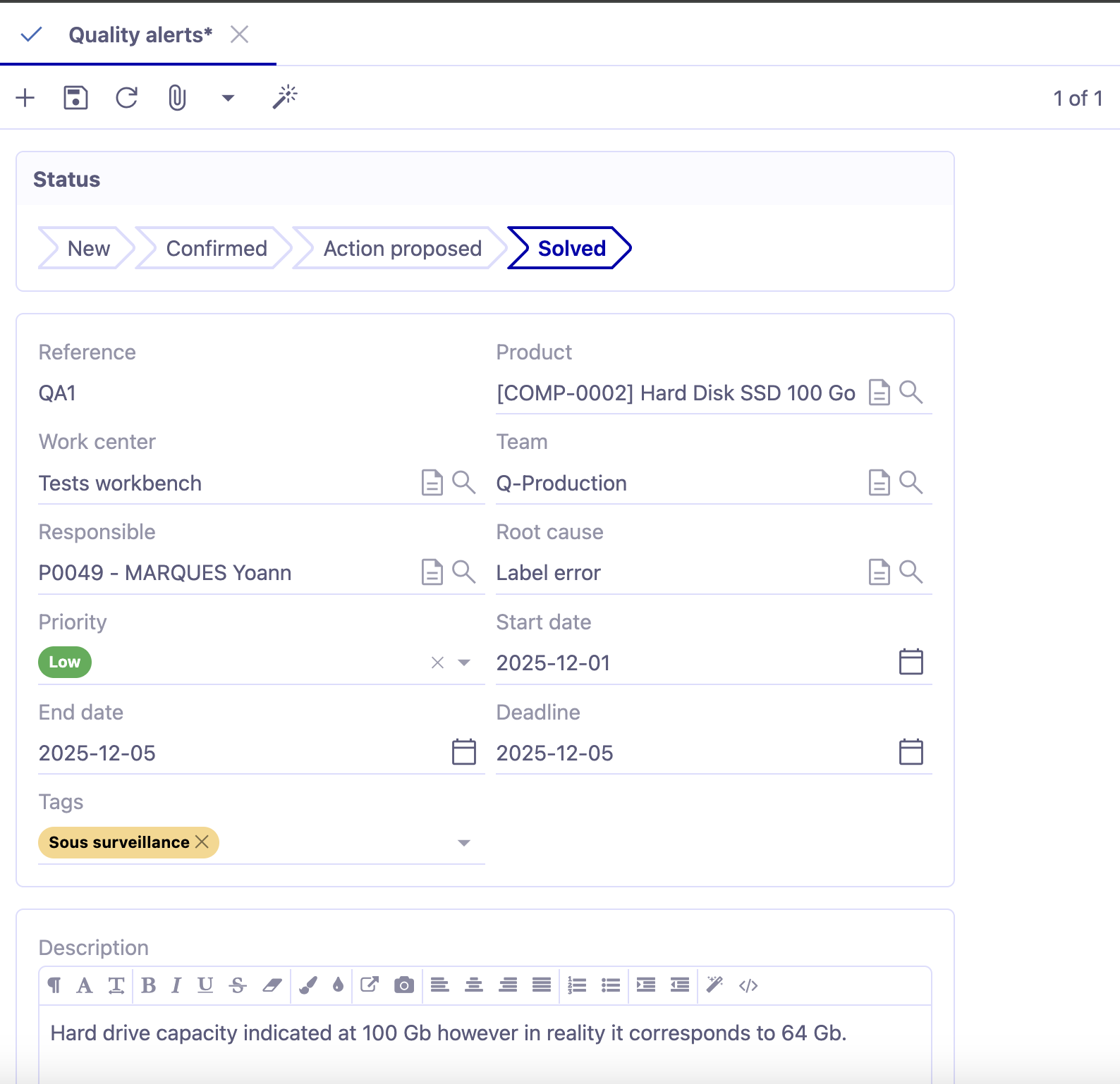 Access : Quality → Quality Alerts → +New.