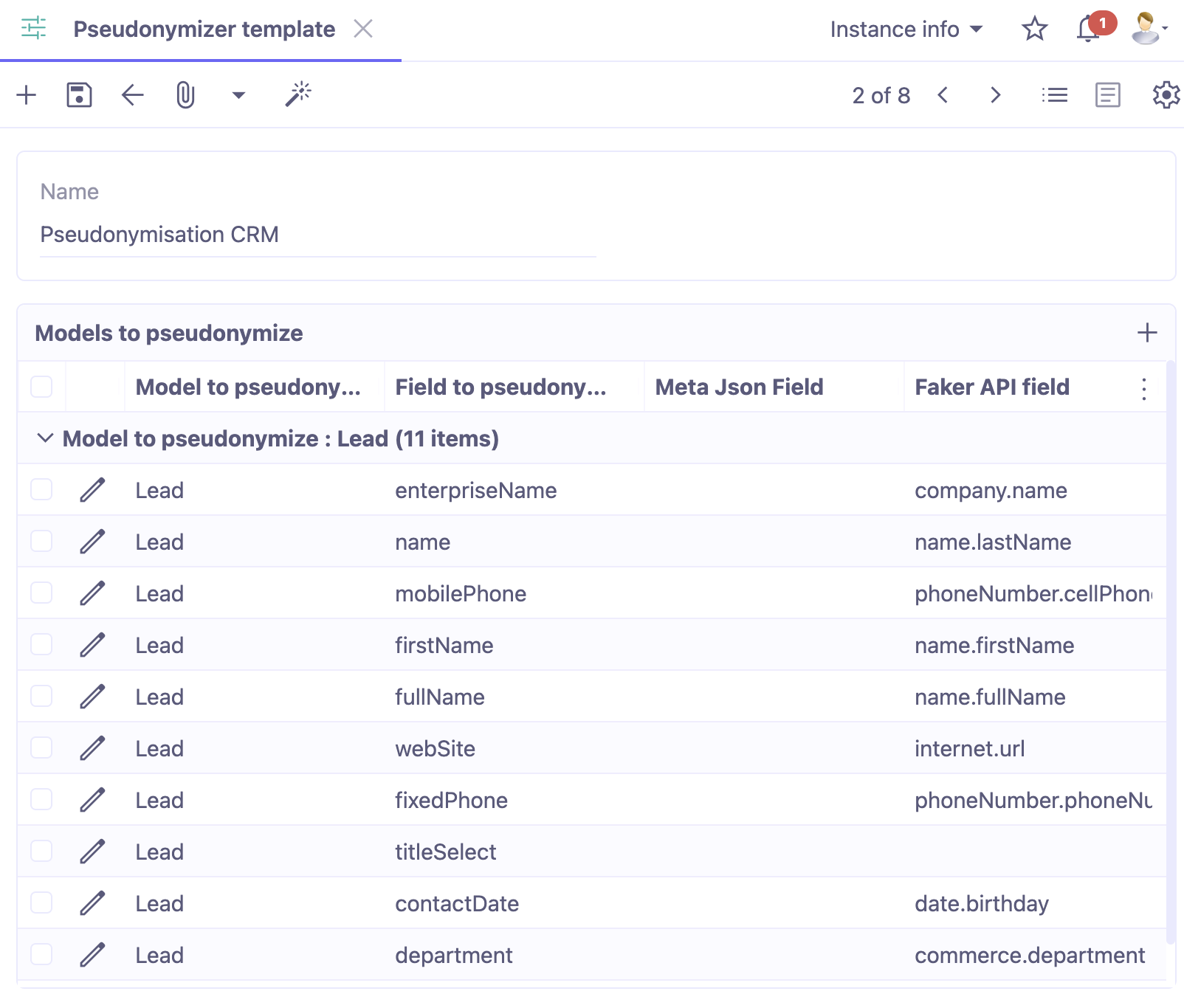 1.1. Access : Application config → Technical maintenance → Pseudonymization → Pseudonymization templates.