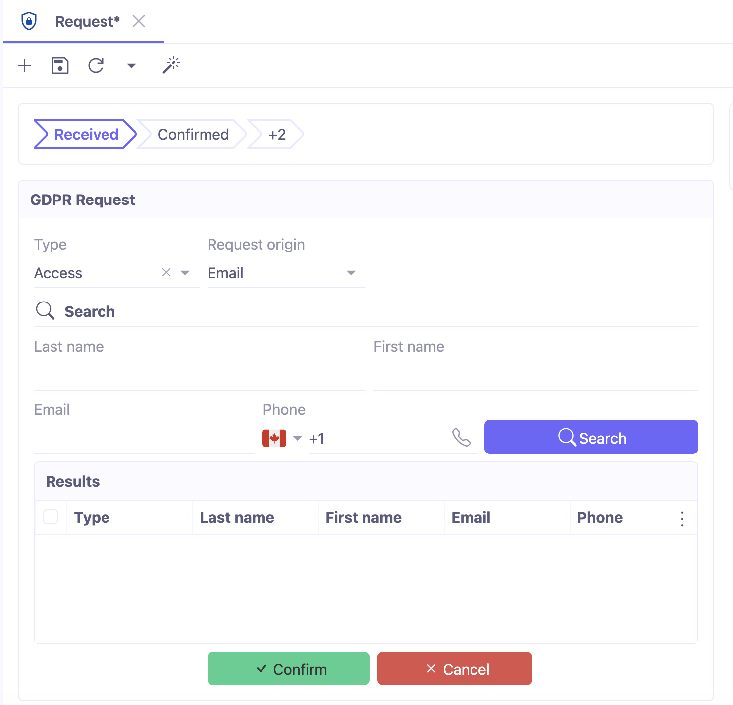 1.1. Access : GDPR → Request → New.