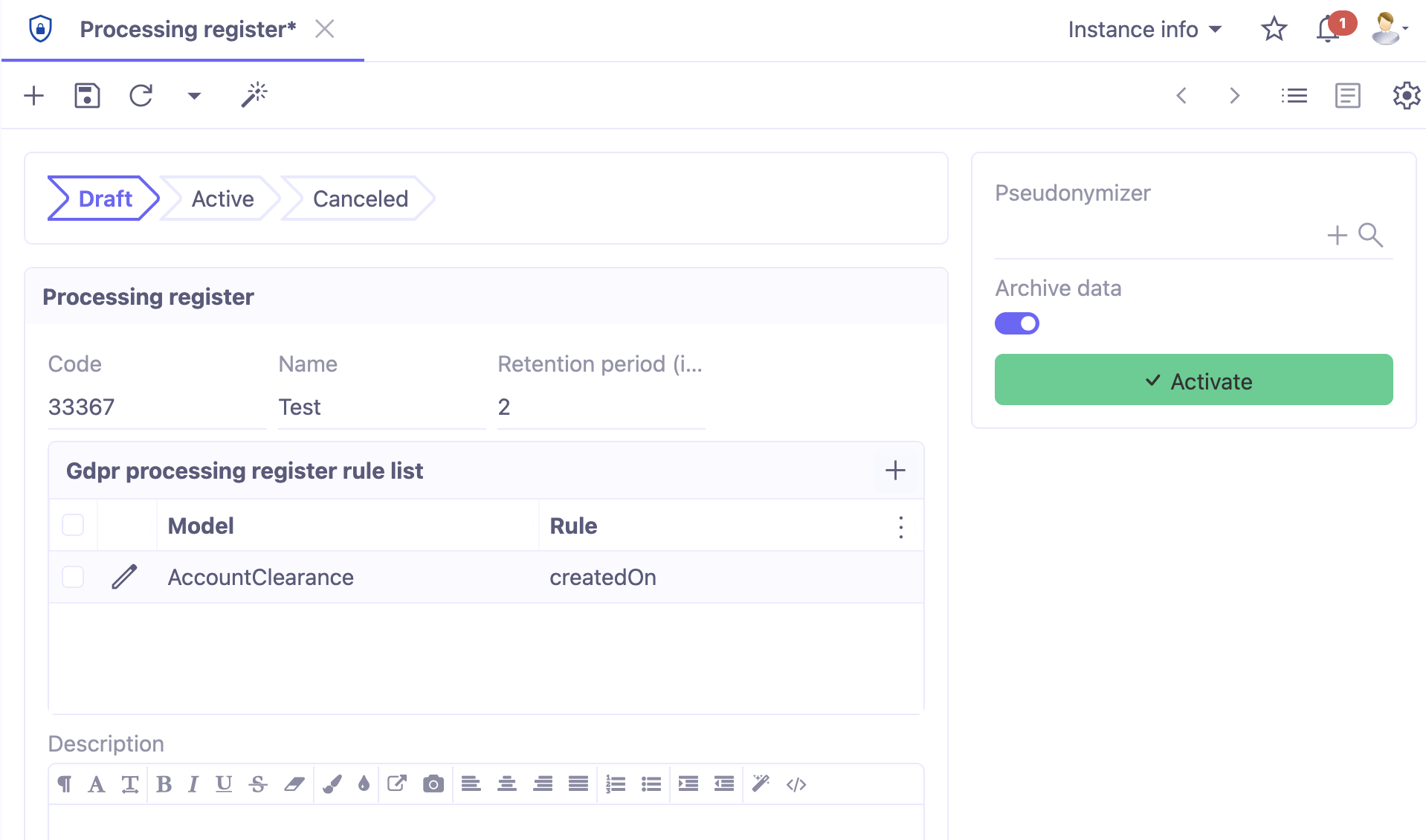 1.1. Access : GDPR → Processing register → New.