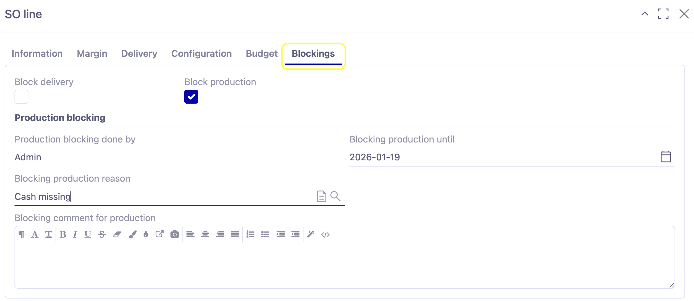 1.1. Access : Sales → Sale quotations. Open a sale order line and from there click on the Blockings tab.
