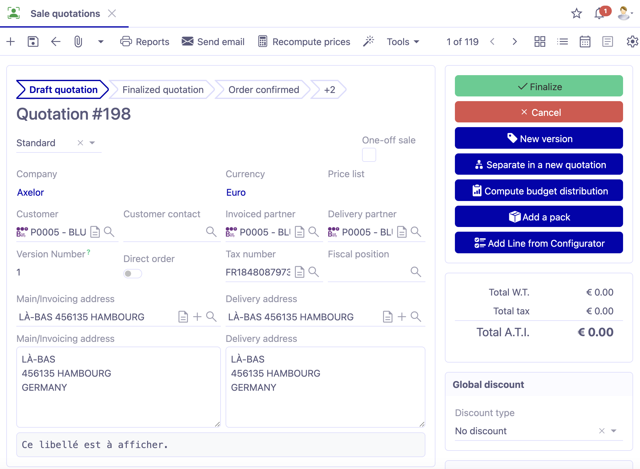 1.1. Access : Sales → Sale quotation → New. Create a new sale quotation.