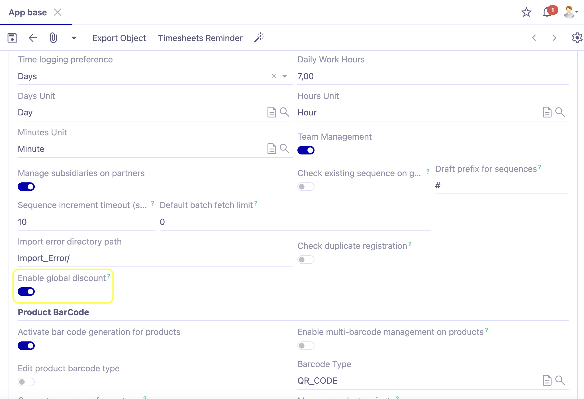 1.1. Access : Application Config → Apps Management → Base, Configure → In the Configurations tab, activate the “Enable Global Discount” option.