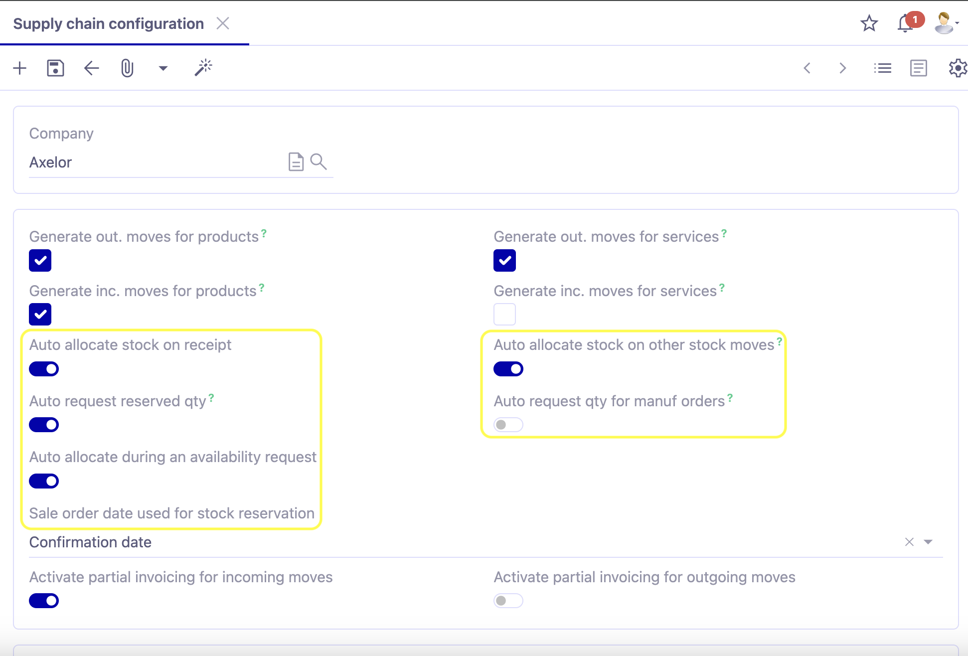 1.1. Access : Application config → Apps management → Supplychain, configure → click on the Company file to access supplychain configurations by company.