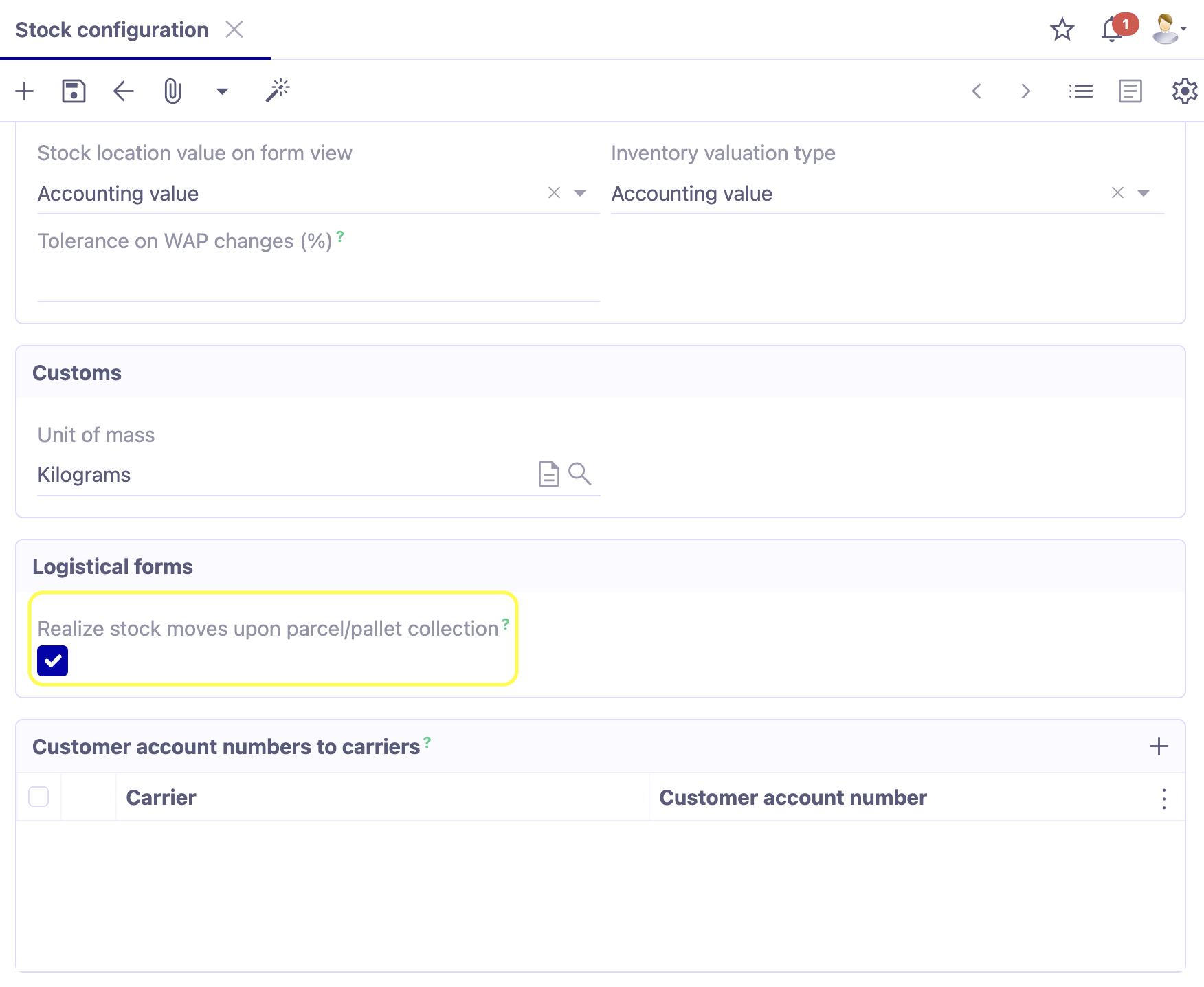 1.1. Access : Application configuration → Apps management → Stock, configure → click on the company file to access stock configurations by company. Activate the 'Realize stock moves upon parcel/pallet collection' checkbox. This feature is used to automatically transfer Customer deliveries to status 'Realized' (i.e. carried out) when a logistical form changes to status 'Collected'. The status 'Collected' describes the physical takeover of the delivery by the carrier.