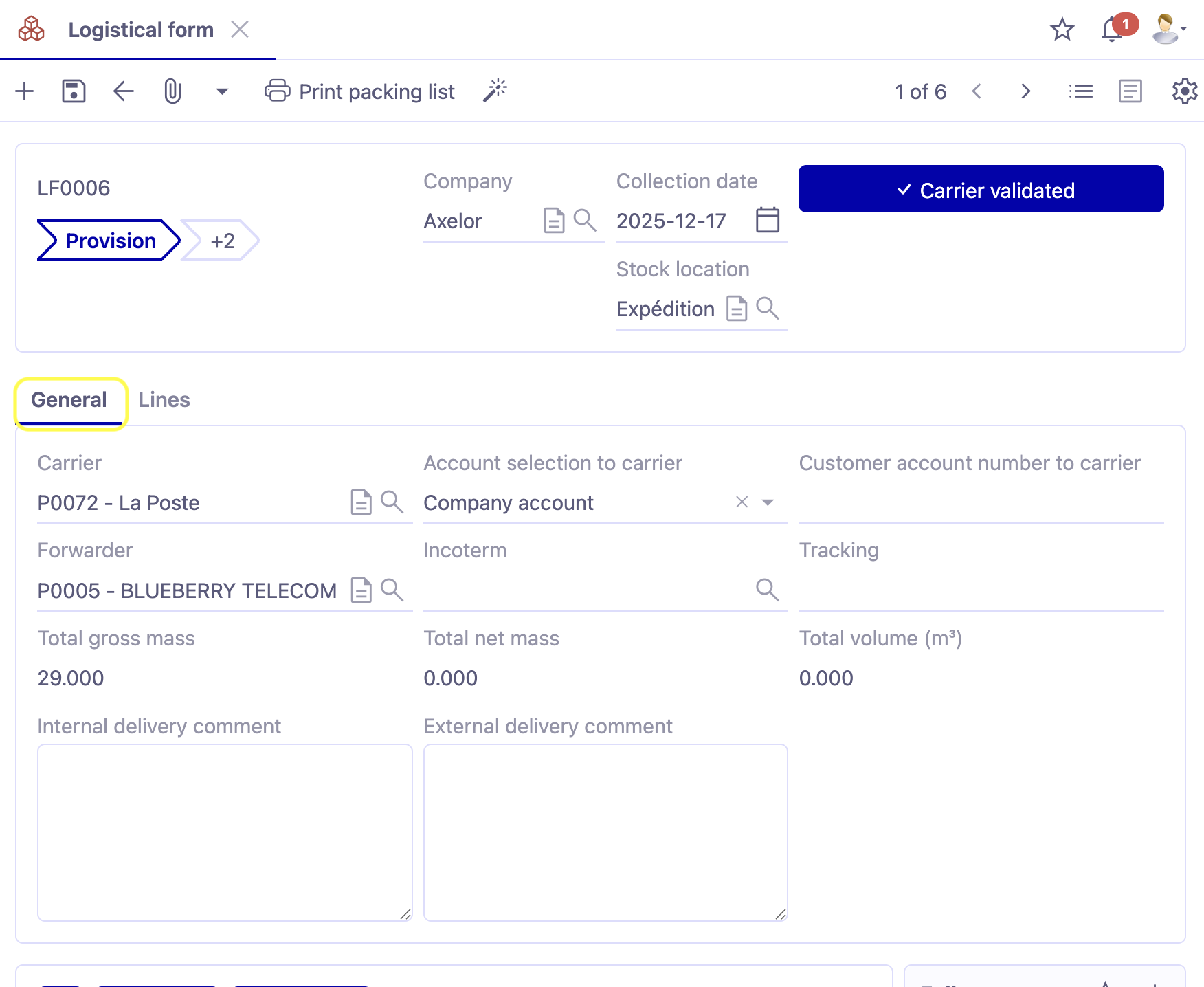 1.1. Access : Stock management → Deliveries → Logistical forms. Open the General tab. In the General tab, fill in all the information concerning the transport.