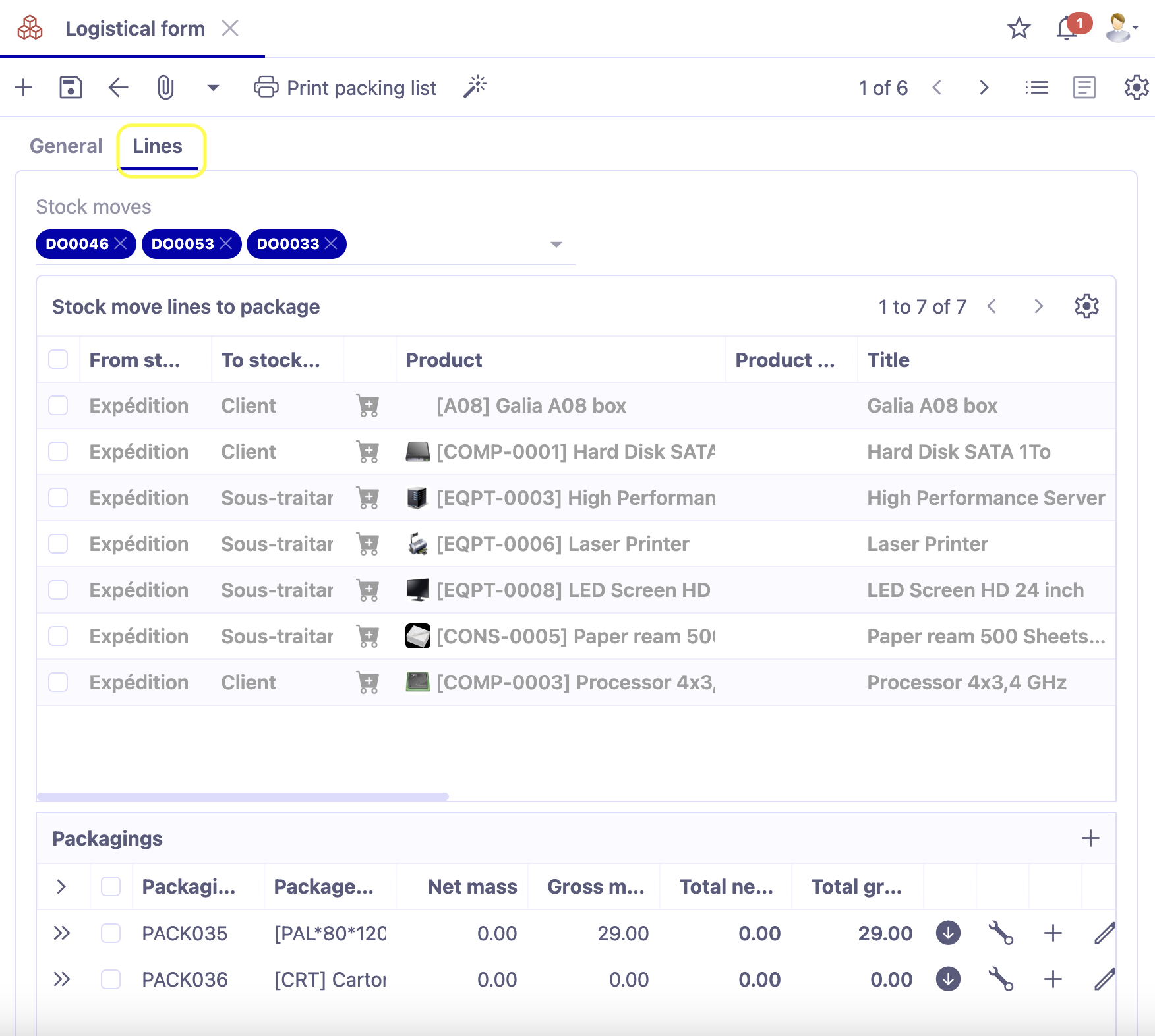 1.1. Access : Stock management → Deliveries → Logistical forms. The logistical form is used to describe to the carrier the contents that will go into the truck (pallets/weight/number of pallets/height, etc.). New tables have been added to the logistical form (Lines tab, Packagings & Stock move lines to package table).