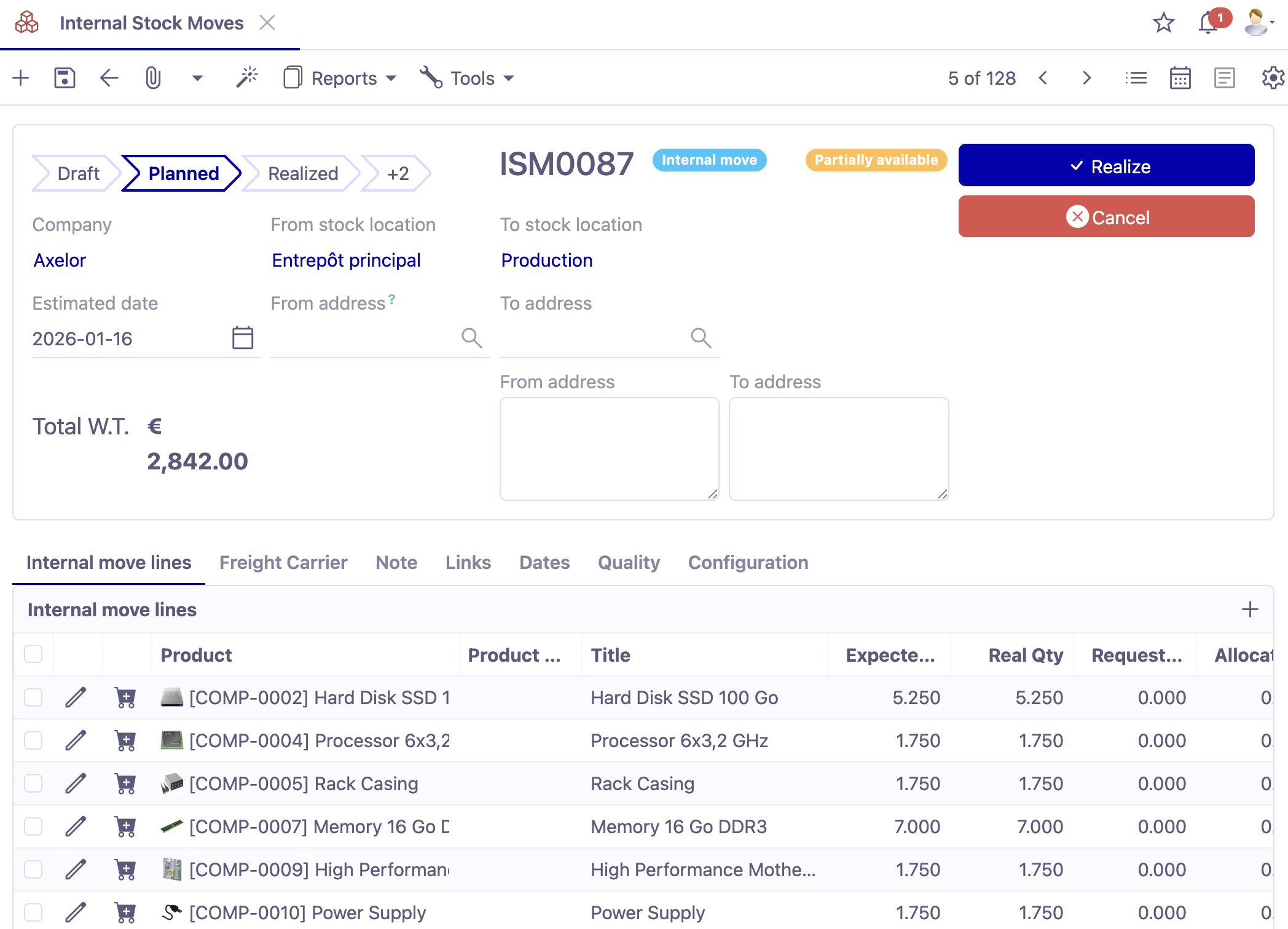 1.1. Access : Stock management → Internal stock moves → +.