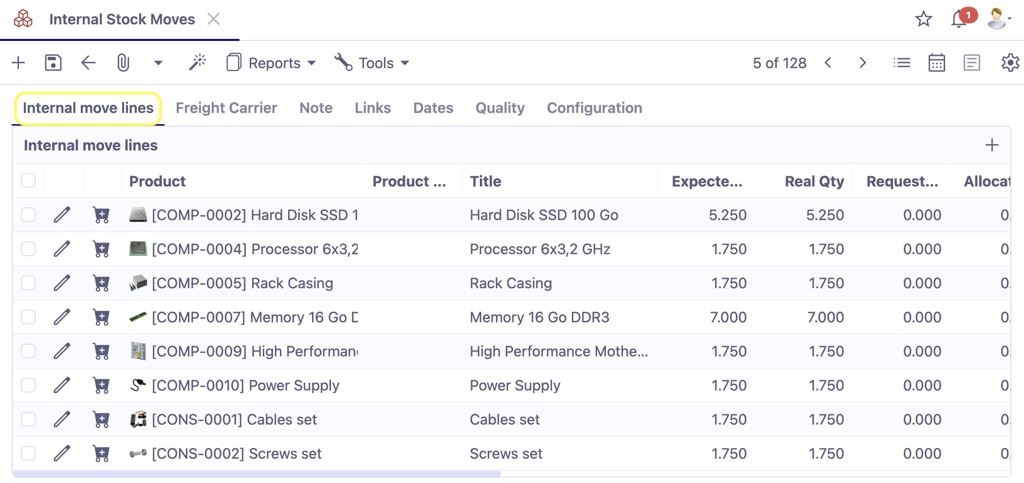 1.1. Access : Stock management → Internal stock moves → open the Internal move lines tab.